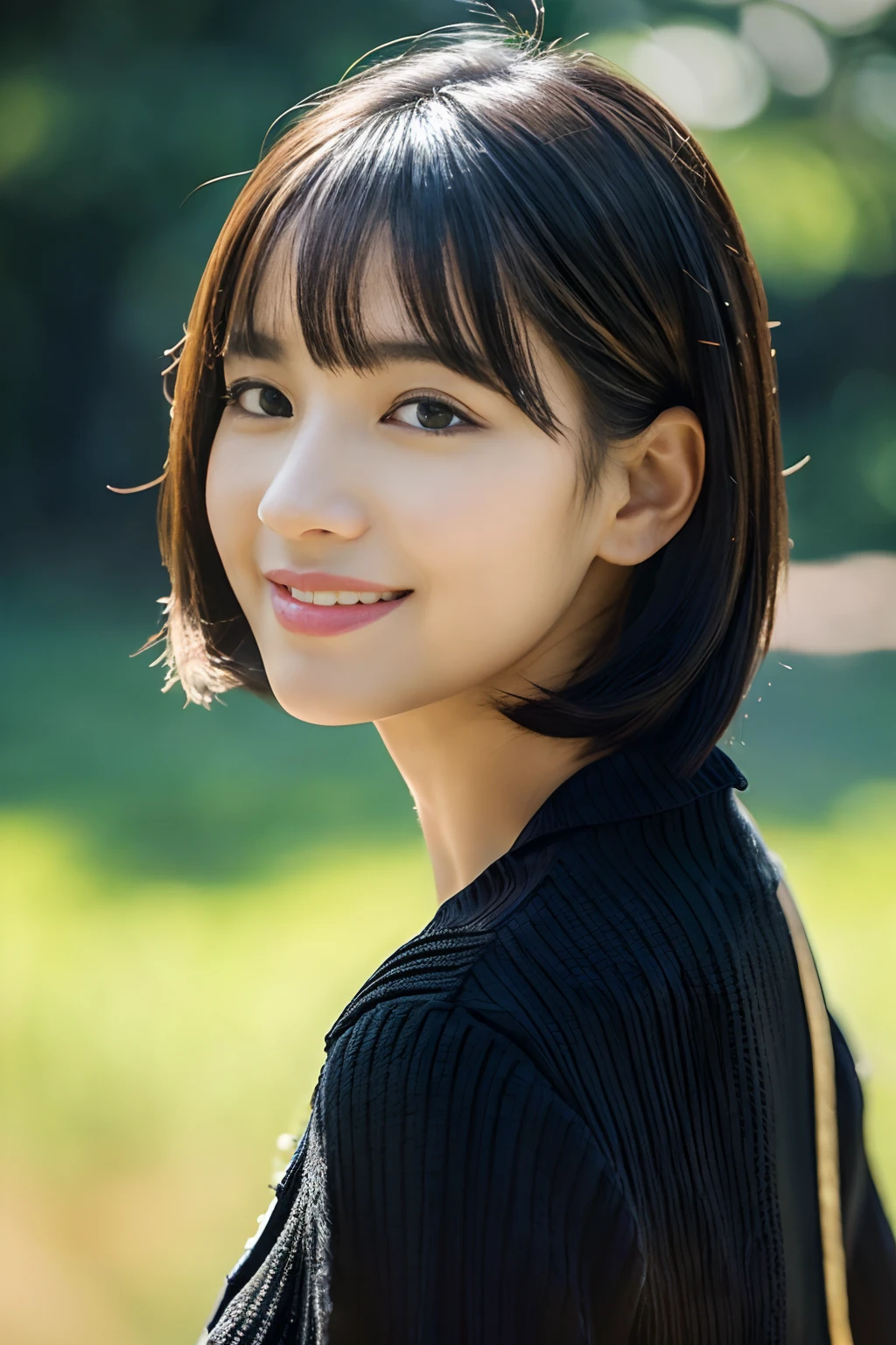((Best Quality:1.2, 8k, photo realistic:1.2, Masterpiece:1.2, super fine :1.2, a beautiful women, back light, Highly Detailed face Textures, detailed beauty makeup, realistic skin, detailed double eyelids, black eyes, detailed bangs)), ({{{ribbed sweater}}},bare arms, bare back,:1.2), (park background), (smiling), (detailed Brilliant shiny black on light hime cut hair), ((cowboy shot)), ((low angle shot))