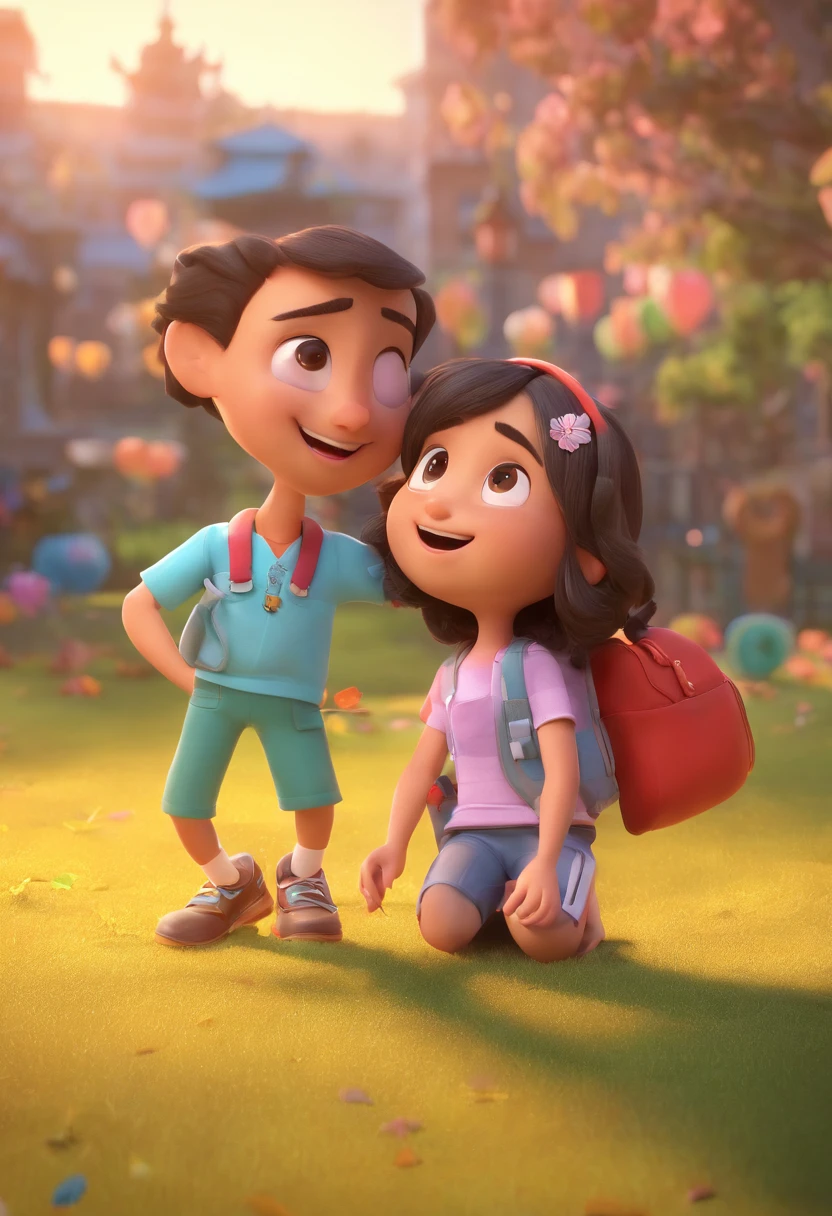 medico moreno claro com pessoas ao seu redor , 3D animated film, animation film, pixar 3 d animation style, pixar renderman rendering, Maia 8 mil, animated film, Disney Pixar Estilo 3D, brincando com um sorriso no rosto e correndo em uma quadra, In another photo, the same boy hugs a teacher