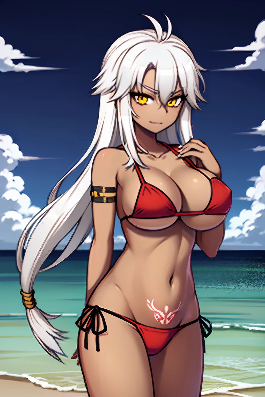 young girl, long hair, hair messy, lion hair, white hair, tattoed body, with bikini, red bikini, in a beach, in the night, light in the sea, star in the sky, landscapping, 4k, masterpiece, fantasy, bodhum