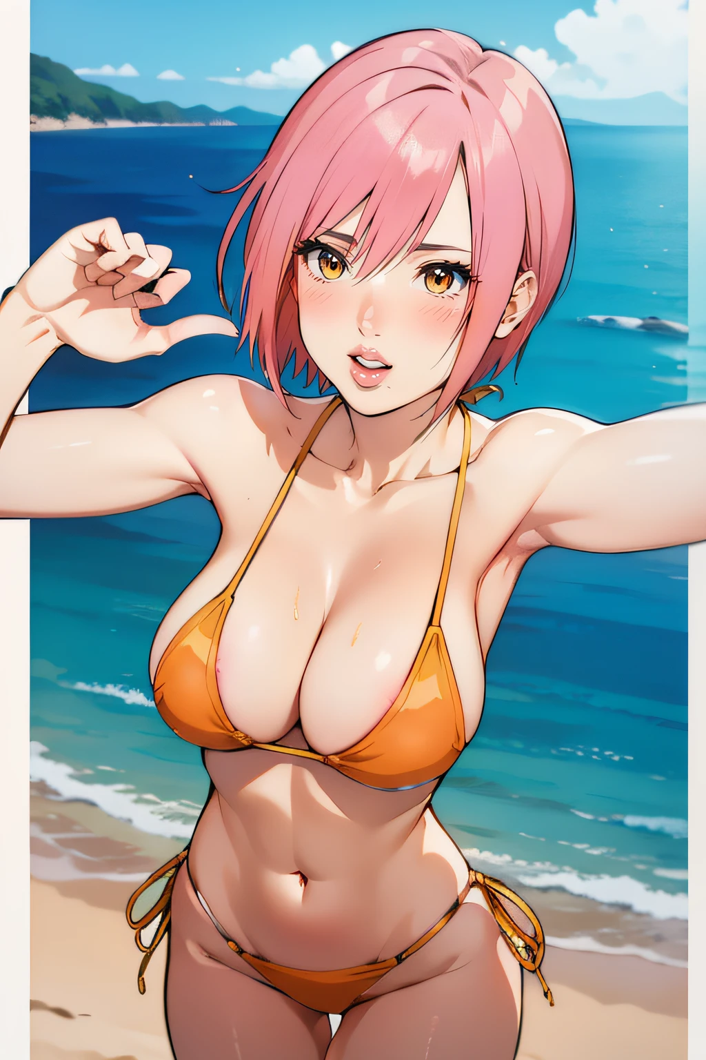 masterpiece, best quality, highly quality , Papico-KJ, bikini, beach, cowboy shot , selfie , from above , Hourglass body, small waist, lips, huge breasts, blush