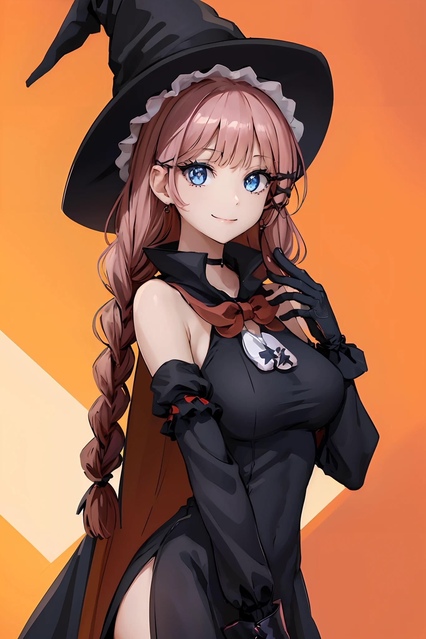 TOPSPD, TWIN BRAIDS, WITCH HAT, NECKLACE, BLACK DRESS, BLACK CAPE, BOW, ELBOW GLOVES, THIGH BOOTS, 1girl, solo, facing viewer, looking at viewer, upper body, smile, large breasts, detailed face, detailed eyes, detailed hair, 5 fingers