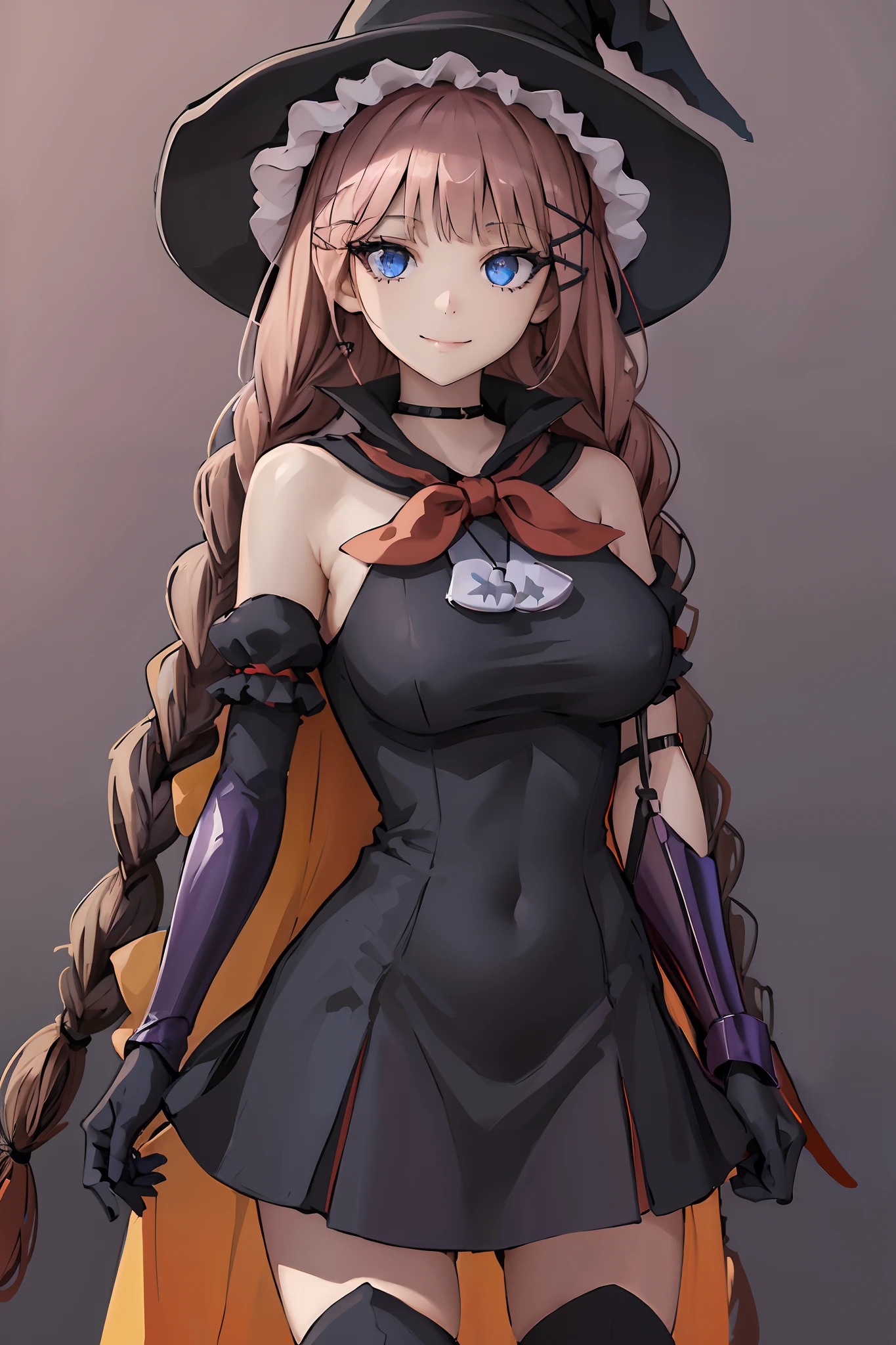 TOPSPD, TWIN BRAIDS, WITCH HAT, NECKLACE, BLACK DRESS, BLACK CAPE, BOW, ELBOW GLOVES, THIGH BOOTS, 1girl, solo, facing viewer, looking at viewer, upper body, smile, large breasts, detailed face, detailed eyes, detailed hair, 5 fingers