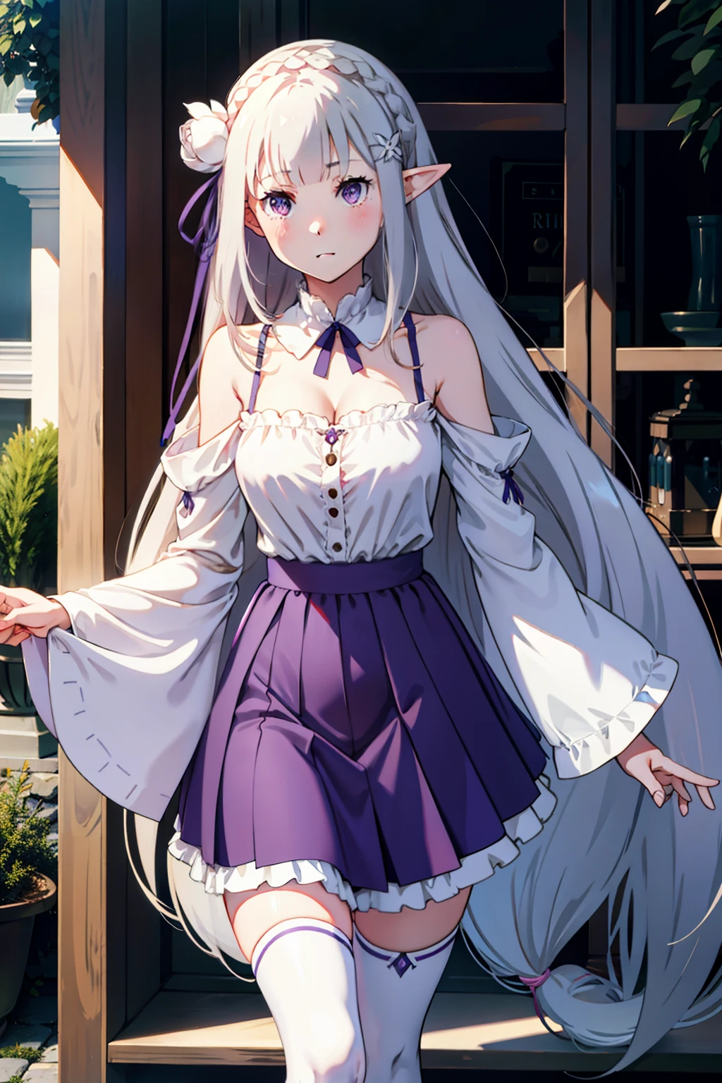 1girl, solo, Emilia, emilia_\(re:zero\), long hair, silver hair, blunt bangs, braid, hair ornament, hair flower, hair ribbon, purple ribbon, purple eyes, blush, low-tied long hair, elf, dress, bare shoulders, detached sleeves, wide sleeves, cleavage, pleated skirt, thighhights, white legwear, white shoes, outdoors, (masterpiece:1.2), highres, best quality, 8k, very clear,