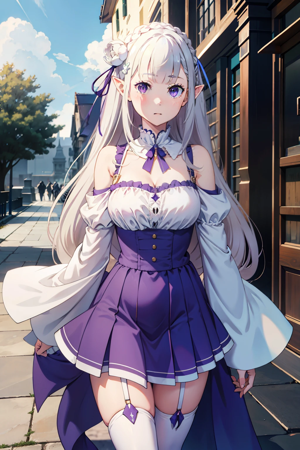 1girl, solo, Emilia, emilia_\(re:zero\), long hair, silver hair, blunt bangs, braid, hair ornament, hair flower, hair ribbon, purple ribbon, purple eyes, blush, low-tied long hair, elf, dress, bare shoulders, detached sleeves, wide sleeves, cleavage, pleated skirt, thighhights, white legwear, white shoes, outdoors, (masterpiece:1.2), highres, best quality, 8k, very clear,