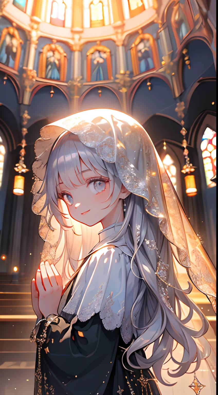 masterpiece, 1 girl, finely detailed, quality, mirrornun, rembrandt lighting, (intricate details), looking at viewer, smile, dramatic, ray tracing, 1girl, silver hair, long curls hair, palms together, own hands together, sparkle, halo, see-through veil, intricate, jewelry, gothic church