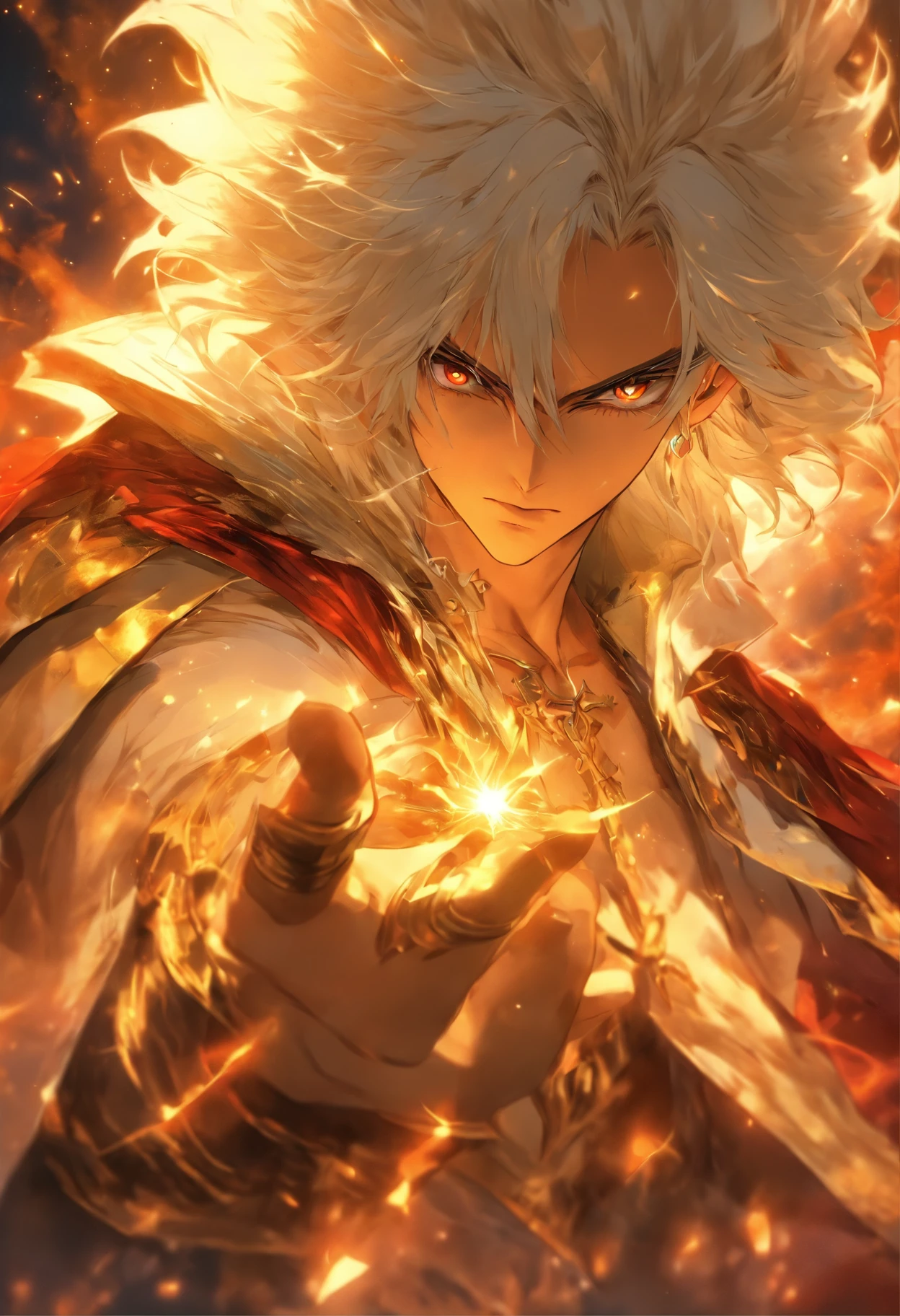 foreshortening,  depth of field, masterpiece, best quality, 1boy, white hair, gold eyes,  long hair, vampire, prince, solo, looking at viewer, nobelty, sworsman,  dappled sunlight,