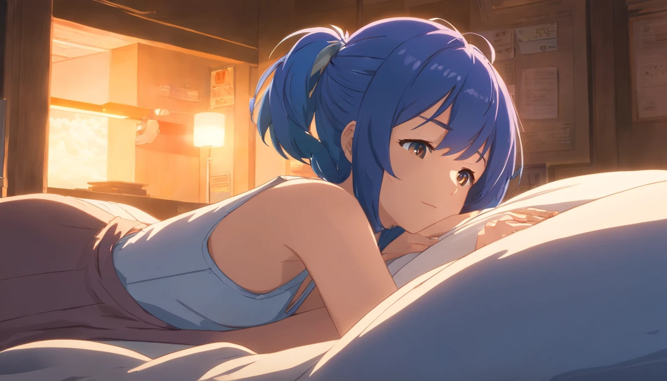 masterpiece, Highest quality, MovieSteel, 1girl, Illuminated , natta, (sparks:0.7),Beautiful Woman,((24yo)),moonlit glow,at night,Sleeping,((Sleeping)),bed,By the window,Lying down,full body shots,Closing your eyes,Underwear outfits,Blue hair