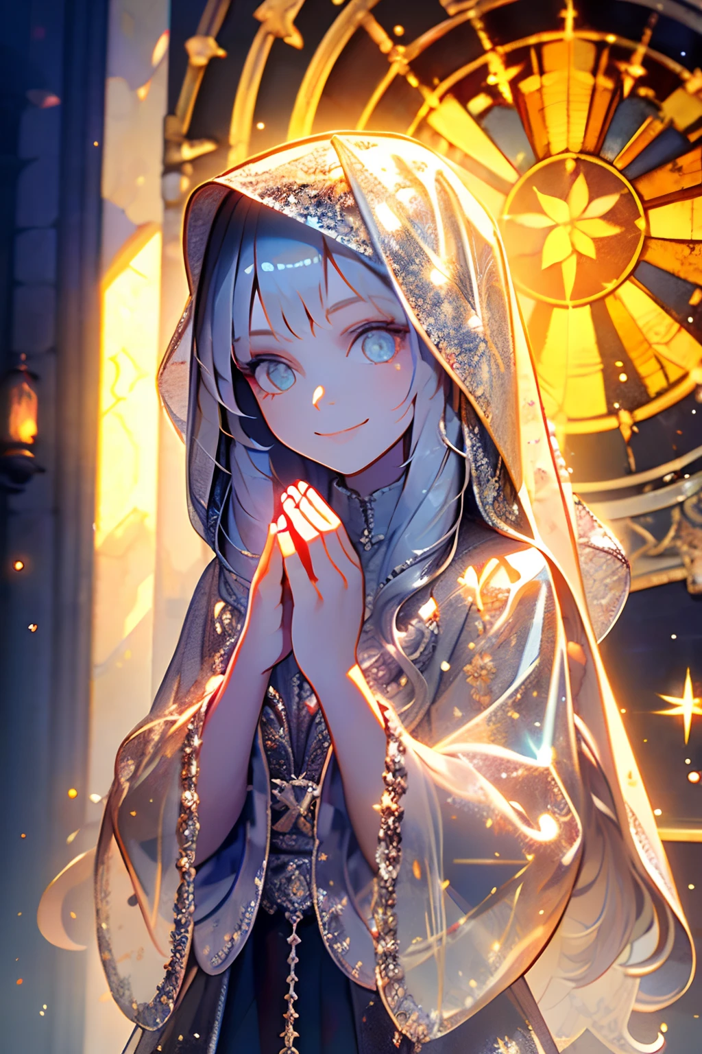 masterpiece, 1 girl, finely detailed, quality, mirrornun, rembrandt lighting, (intricate details), bangs, looking at viewer, smile, dramatic, ray tracing, 1girl, silver hair, long curls hair, palms together, own hands together, sparkle, halo, see-through veil, intricate, jewelry, gothic church