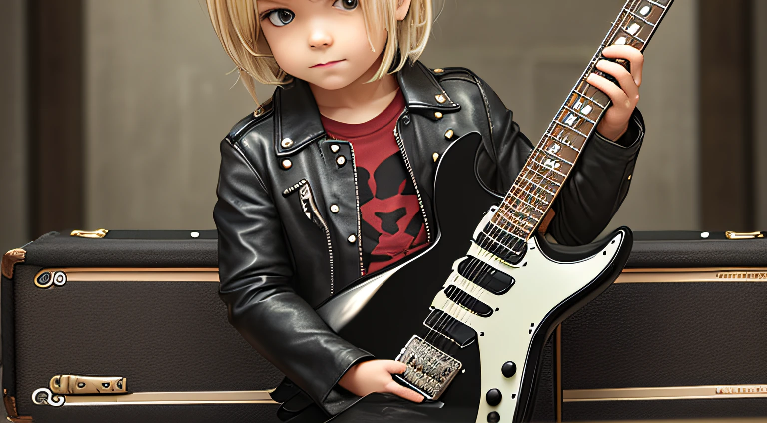 BOY BLONDE CHILD LONG AND BIG STRAIGHT HAIR, WITH LEATHER JACKET , PORTRAIT, a black electric guitar with a guitar case, amplifier and accessories, mat black metal, obsidian metal, electric guitar, evil guitars, dark metal, full product shot, kit, electric guitars, rock, futuristic electric guitar, lead guitar, guitar, black horns, rock star, black, dark tone, Black Metal Style, Intense Details, Black Crow, Vanta Black