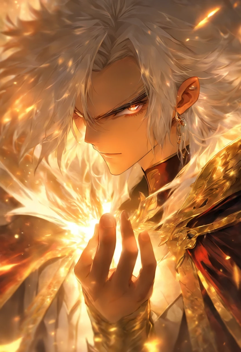 foreshortening, depth of field, masterpiece, best quality, 1boy, white hair, gold eyes, long hair, vampire, prince, solo, looking at viewer, nobelty, sworsman, dappled sunlight, elegant,gentle,ethereal, gorgeous