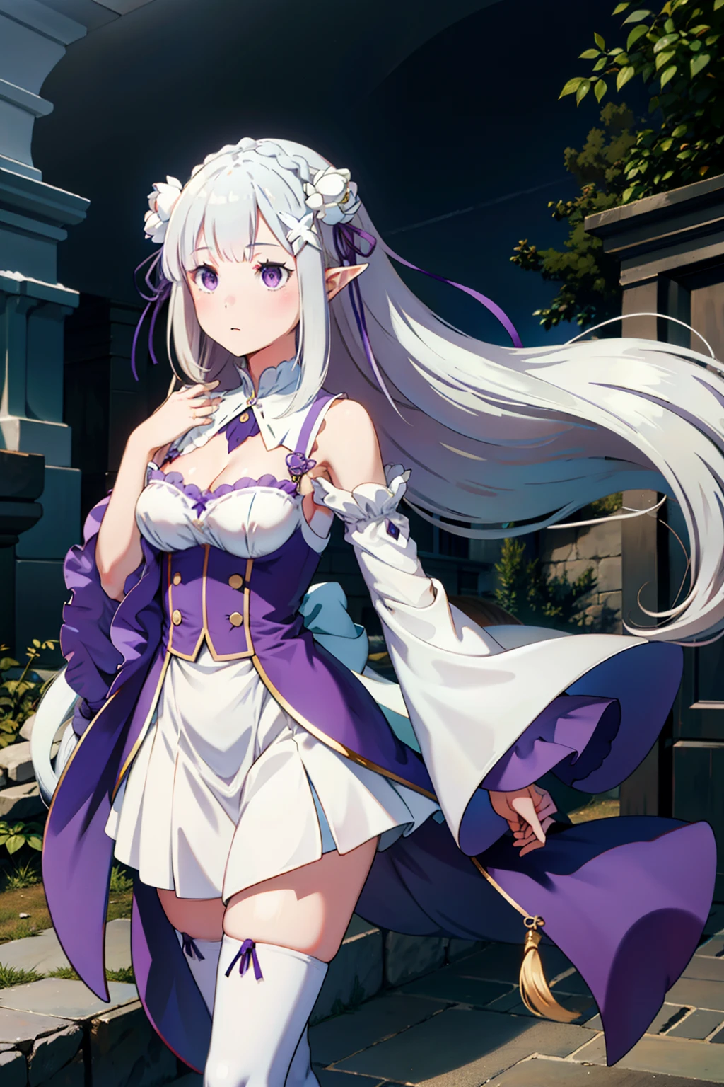 1girl, solo, Emilia, emilia_\(re:zero\), long hair, silver hair, blunt bangs, braid, hair ornament, hair flower, hair ribbon, purple ribbon, purple eyes, blush, low-tied long hair, elf, dress, bare shoulders, detached sleeves, wide sleeves, cleavage, pleated skirt, thighhights, white legwear, white shoes, outdoors, (masterpiece:1.2), highres, best quality, 8k, very clear,