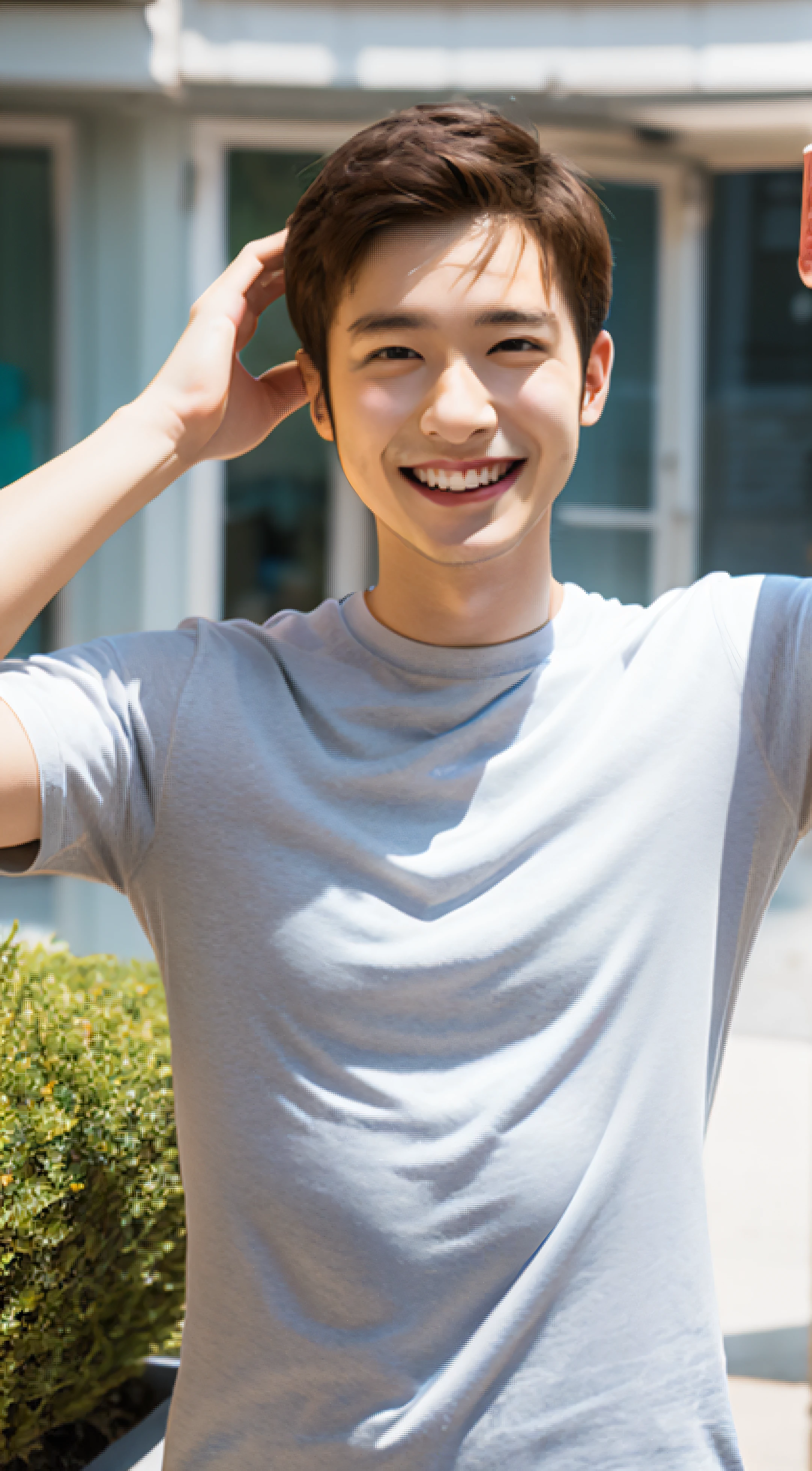 Man about 25 years old, smiling, sharp focus, half body, summer, terrace, dynamic pose