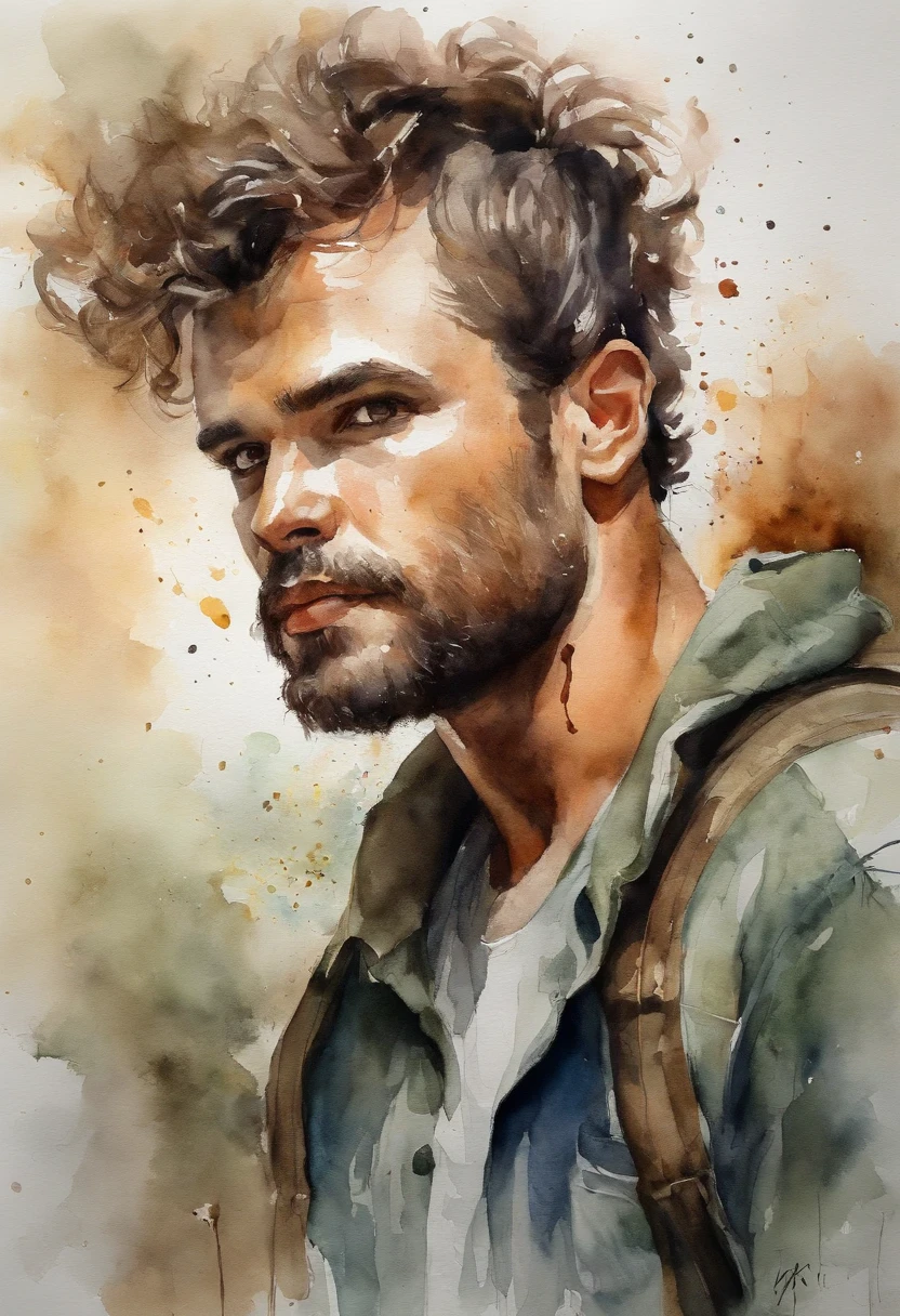Um homem fica chocado e surpreso , assustado, messy hair, Roupas rasgadas, cobra, Selva escura assustadora, luz fraca, luz de fundo