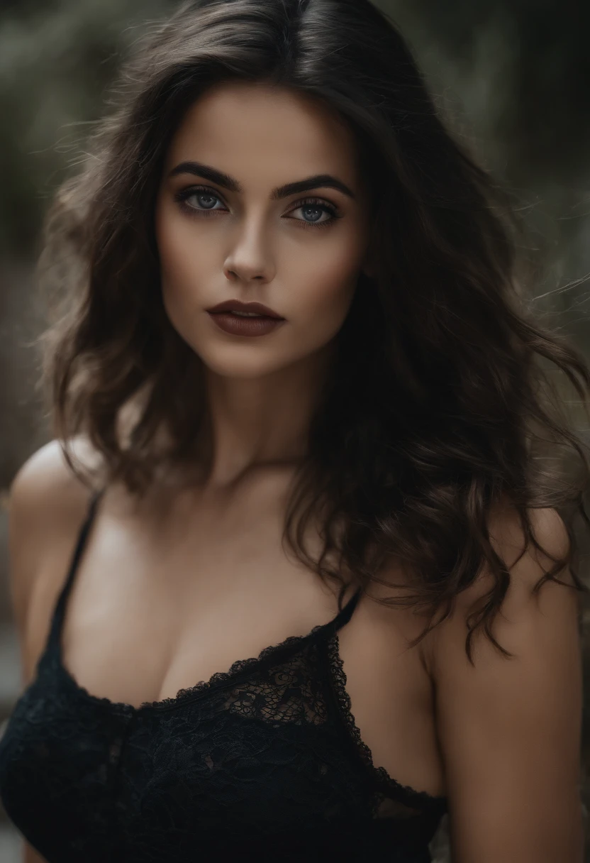 ((Rosto realista, sedutor, Olhar adulto, olhos brancos)), (topo de corte cinza, black , roupas curtas), (cabelo longo preto), (20 anos), (1 girl), (Estilo 4k))