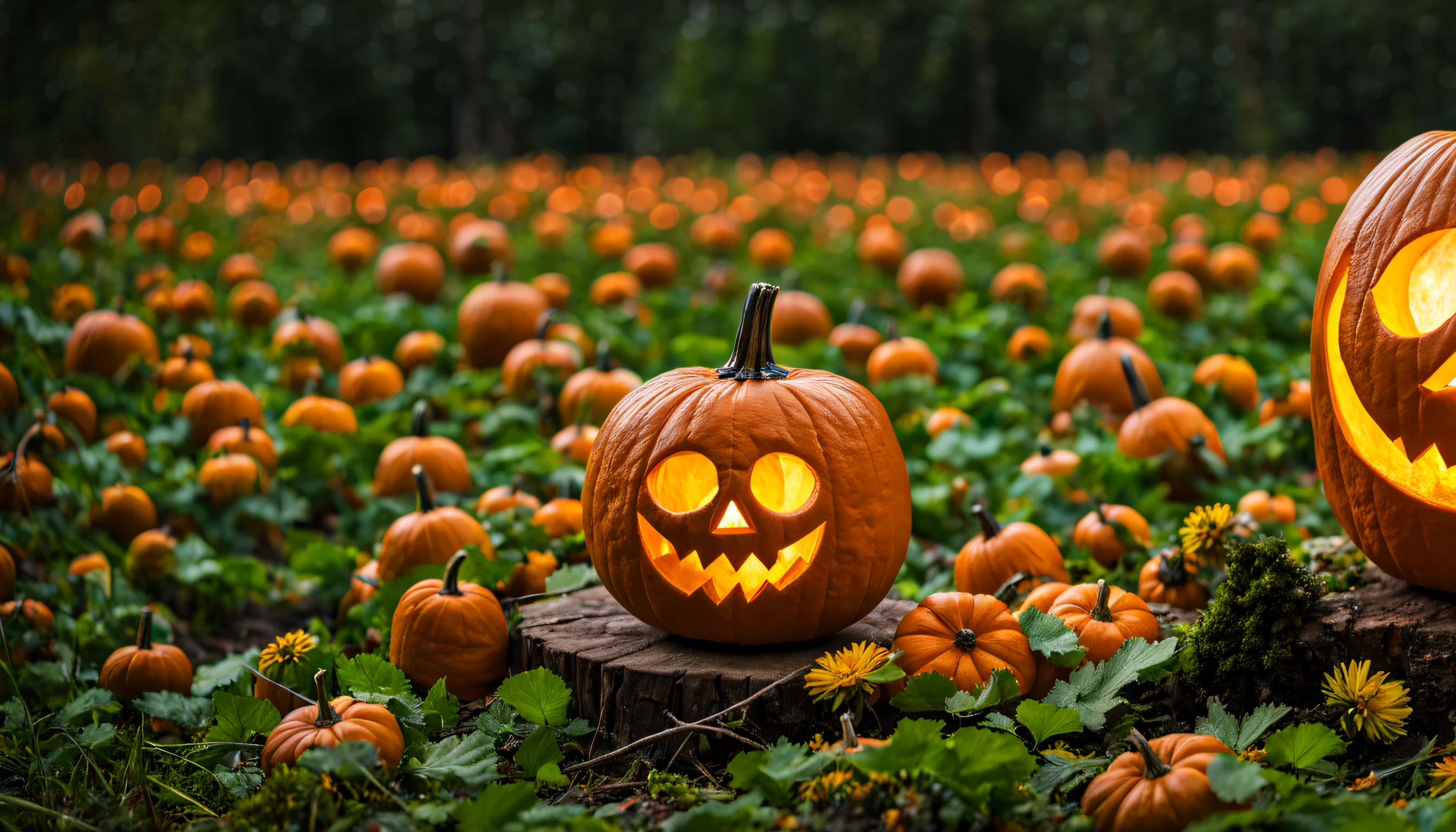A wise old geometric jack-o'-lantern that houses a collective of protective forest spirits, known as kodama. Warmth and magic radiate from the pumpkin and its joyful inhabitants.
