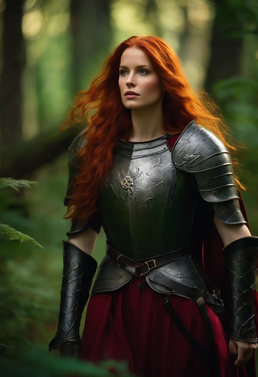 Female knight with long red hair, not wearing helmet, wandering through a dark forest