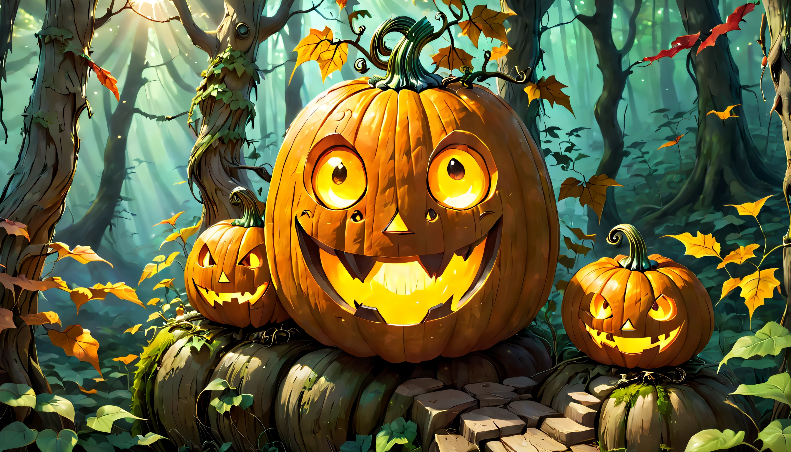 A wise old jack-o'-lantern that houses a menagerie of cheerful forest spirits known as kodama. Warmth and magic radiate from the pumpkin and its joyful inhabitants.