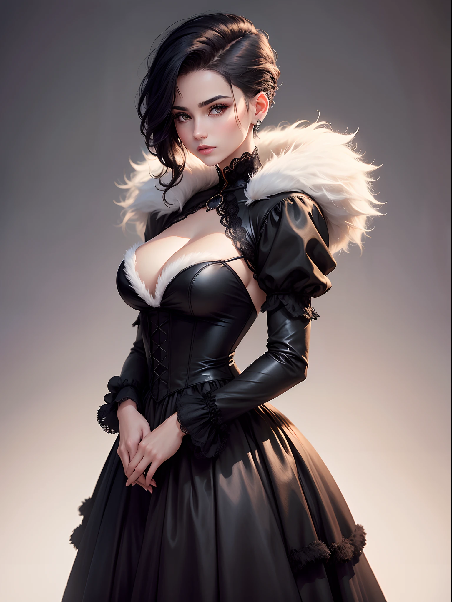 1 woman, side haircut, undercut, black gown, vintage, Victorian, brown eyes, white hairs, snowy, fur shawl