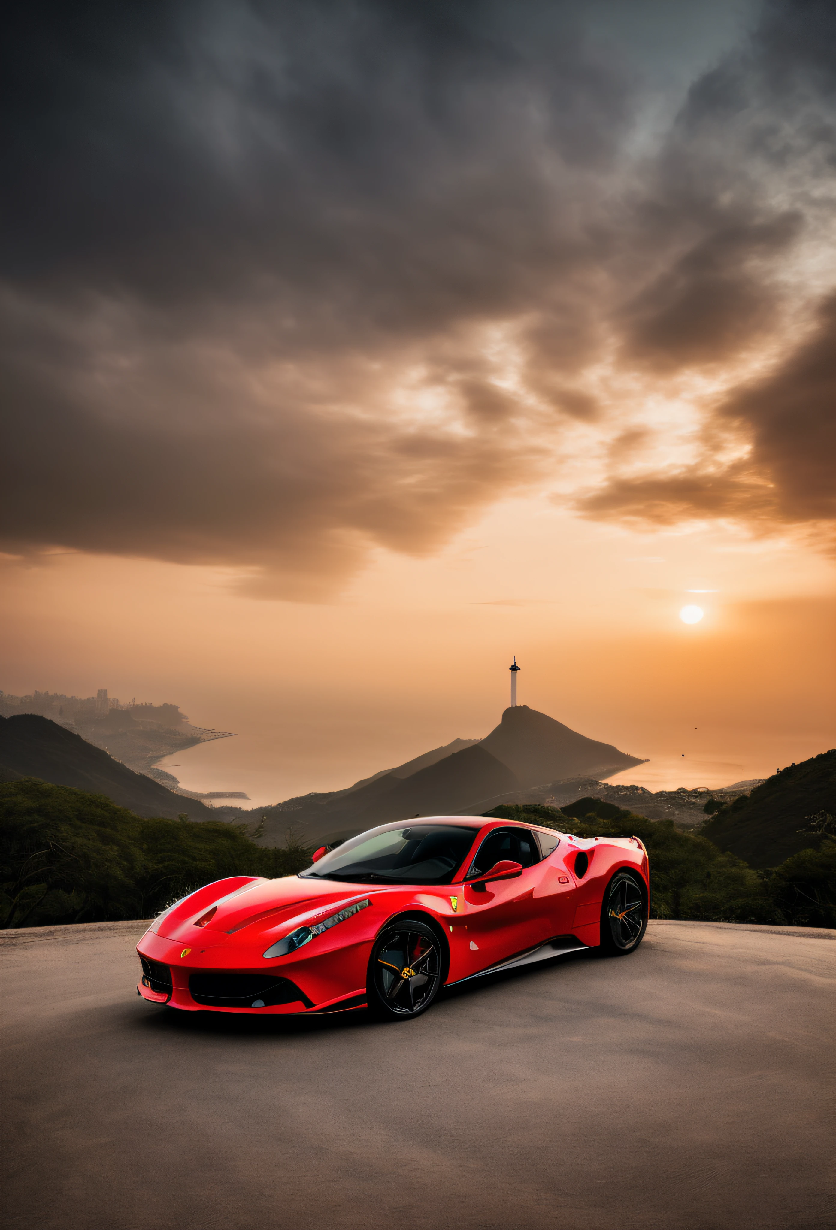 arafed red sports car parked on a road with a view of a hill, f12, by Alexander Robertson, automotive photography, 35840k film, car photography, ferrari, by Etienne Delessert, stunning vista, vehicle photography, by Felipe Seade, spectacular, stunning atmosphere, f32, f 3 2, wallpaper mobile