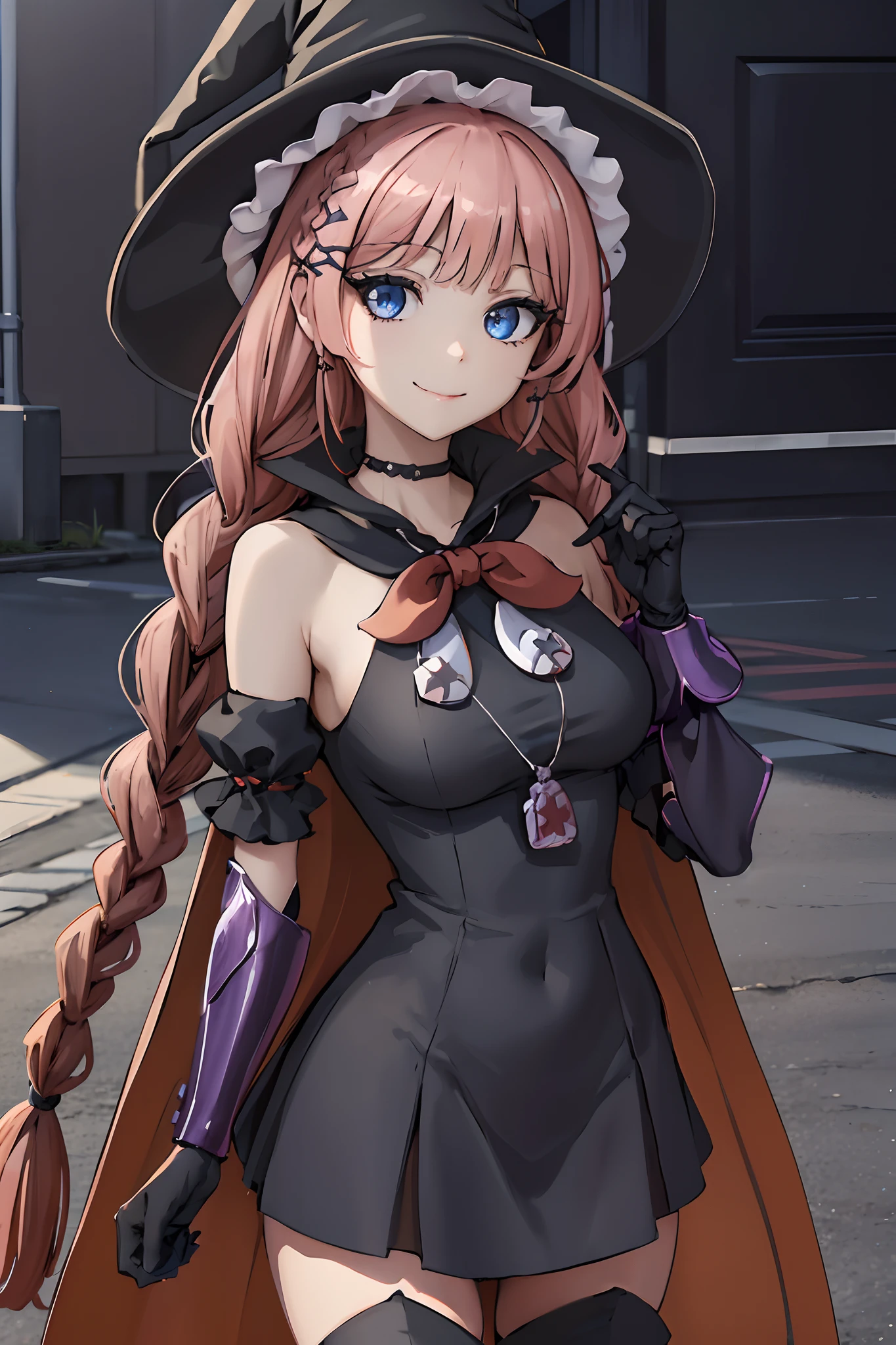 TOPSPD, TWIN BRAIDS, WITCH HAT, NECKLACE, BLACK DRESS, BLACK CAPE, BOW, ELBOW GLOVES, THIGH BOOTS, 1girl, solo, facing viewer, looking at viewer, upper body, smile, large breasts, detailed face, detailed eyes, detailed hair, 5 fingers