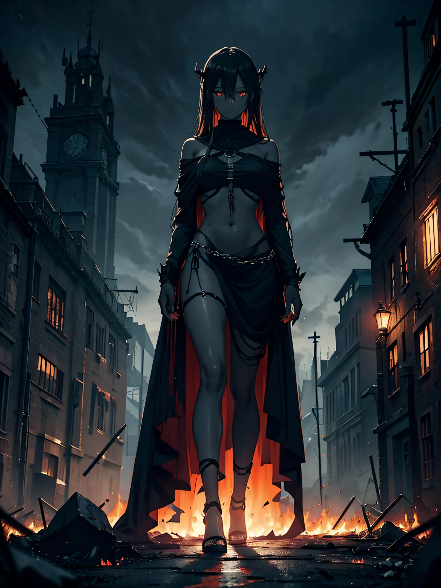 full body portrait, Dark Fantasy, dystopian atmosphere, Gloomy image, horror, hopeless, loneliness, anime girl, Demon Girl, dark skin, Dark black skin, black skin, Ash Skin, Black Ash Skin, glowing orange eyes, lowered gaze, Black Ash Hair, long hair, open belly, Clothes made of white cloth bandages, white cloth bandages as clothing, less clothing, lots of Cast Iron Chains Around, many chains, Chain and sickle in hands, Sickle in hand, stands, gloomy medieval city on fire, Burning city in the background, dark night, Black Sky, Pitch Black Night, Moonless Night, Dark atmosphere, Dark overcast sky, Shattered basalt reaper statues, engulfed in flames in the background