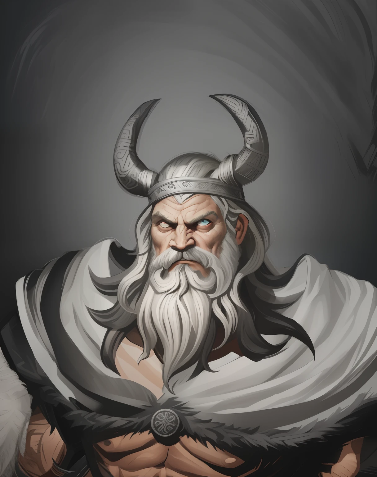 Arafed image of a man with a head and a beard, Retrato pintado de Odin acidentado, Norse God, retrato masculino do deus svarog, Viking Bom, o allfather, deus com chifres, Retrato pintado de Zeus acidentado, Odin, viking warrior illustration, gigante da geada, barba grisalha, Retrato de um viking, epic viking king, Rei Viking