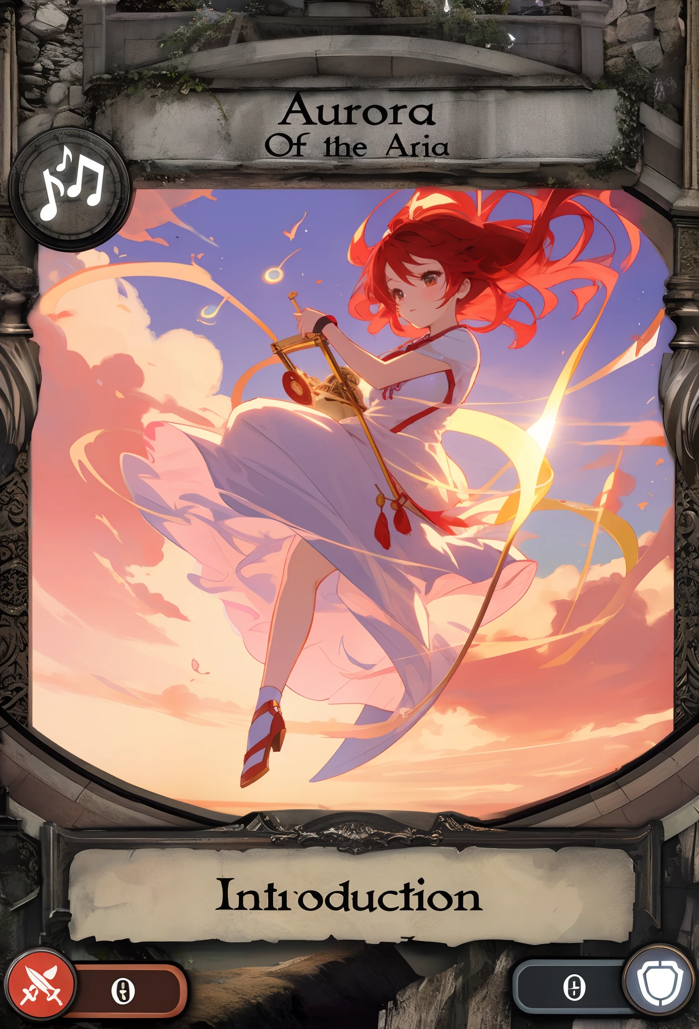 Beautiful anime woman with red hair, playing a lyre with magic music notes swirling around. She is floating in the sky with a sunrise in the background.
