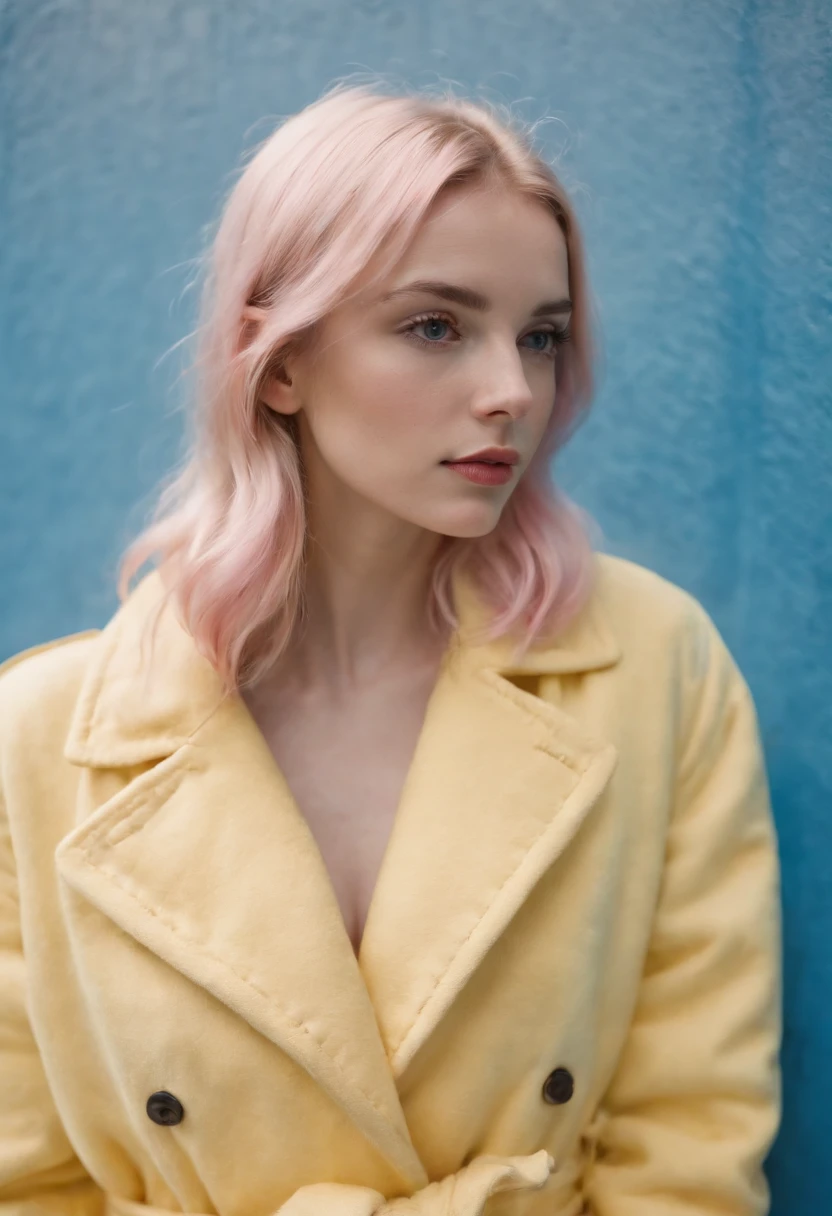a young female wearing yellow and pink coats in front of blue wall, in the style of heatwave, transparent/translucent medium, contemporary vintage photography, lowbrow, poolcore, associated press photo, feminine body, (long shot)Photo taken from a distance, full body, completely naked, nude, no clothes