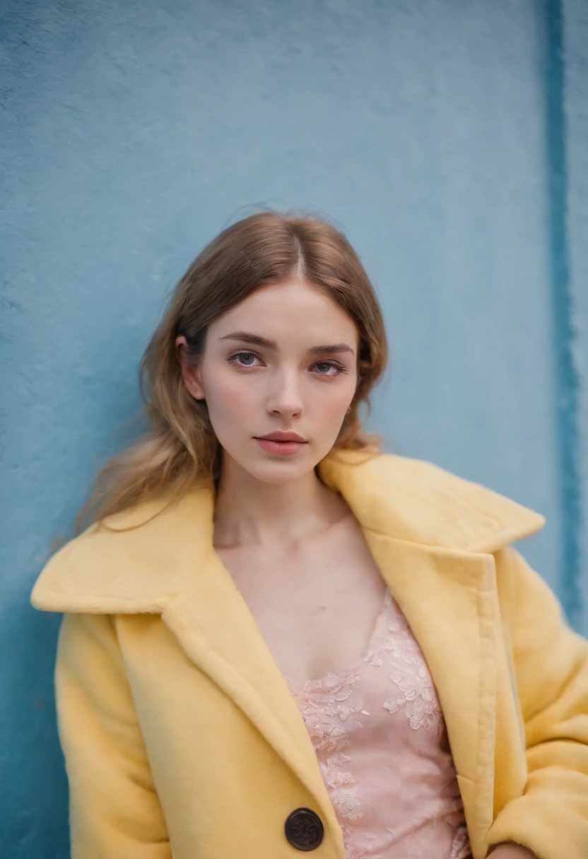a young female wearing yellow and pink coats in front of blue wall, in the style of heatwave, /translucent medium, contemporary vintage photography, lowbrow, poolcore, associated press photo, feminine body, (long shot)Photo taken from a distance, full body, completely , , 