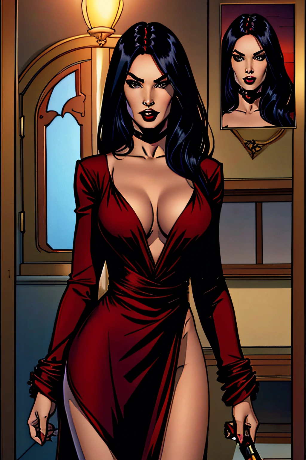 Best quality, 4k, 8k, One high definition, multiple views, Megan Fox as a vampire, straight hair, sexy small breasts, red wine dress with open neckline showing leg, long sleeves, Character design