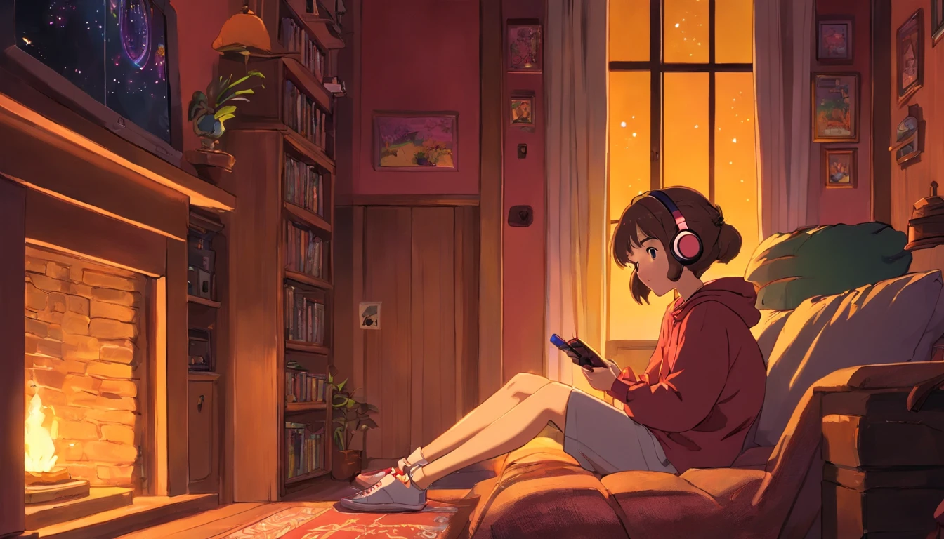Girl listening to music in a cozy room at night, Usando fones de ouvido, Anime estilo 2D, Lo-fi, disco Rigido, Ambiente escuro