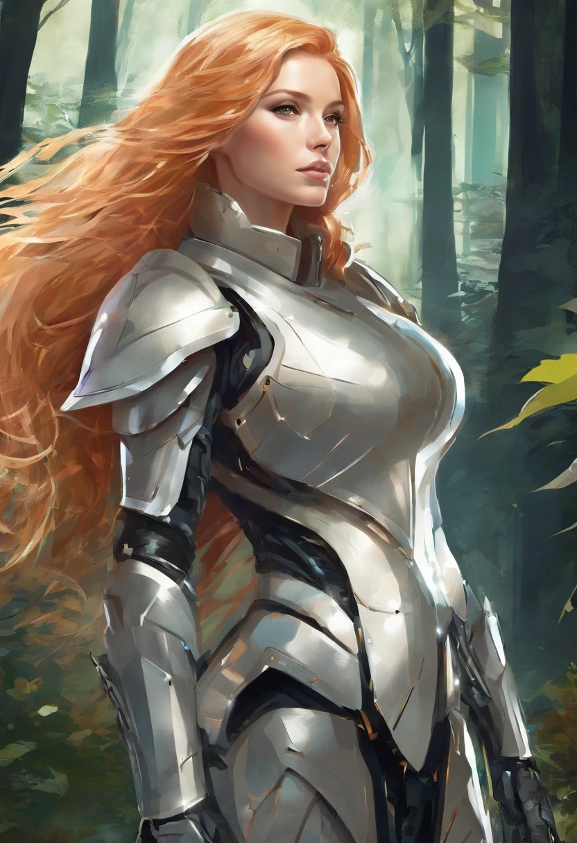 Gorgeous female knight with long strawberry blonde hair, not wearing a helmet, wandering through dark forest