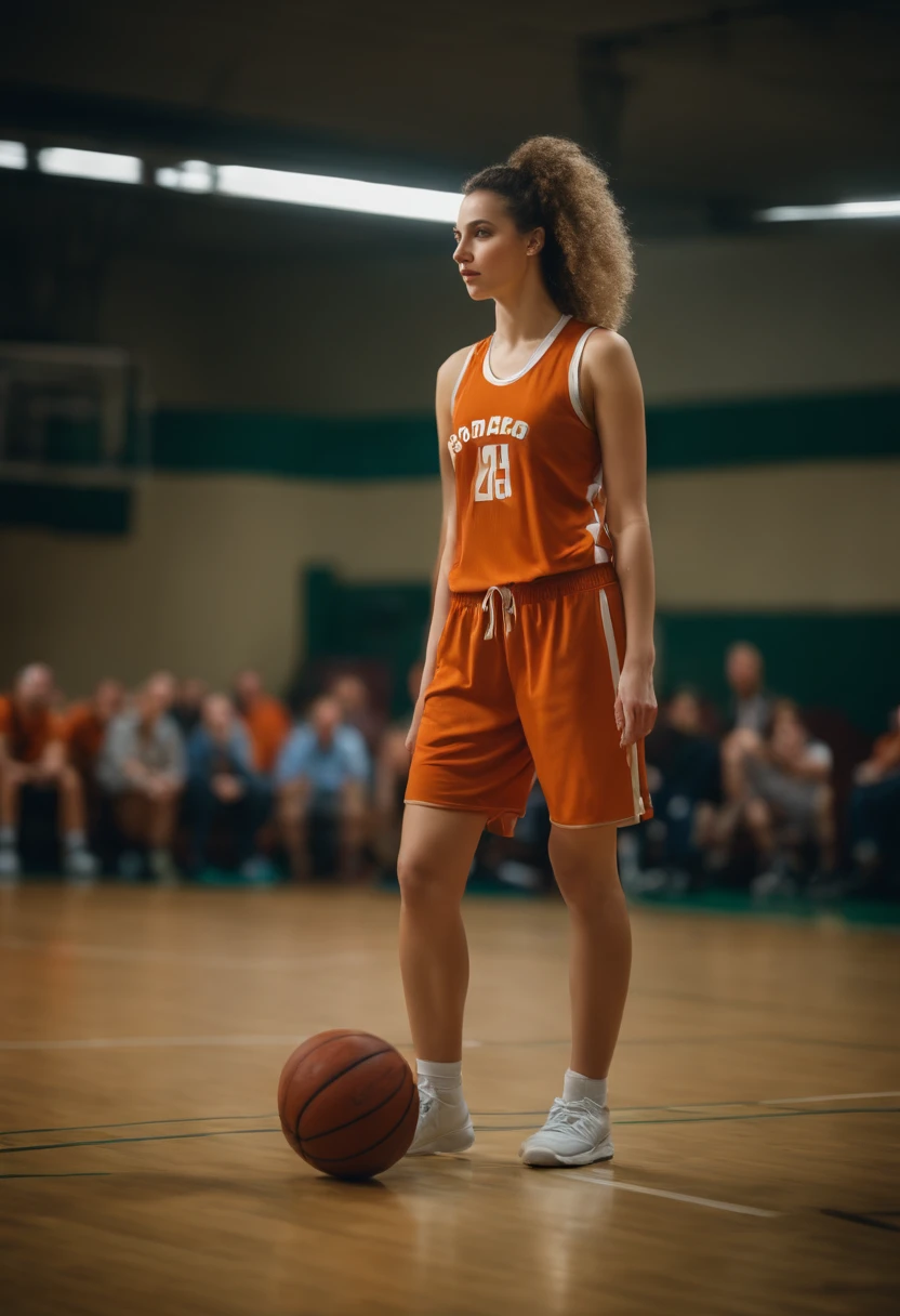 Sexy girl basketball player on court lying stockphotoimages, in the style of dark orange and green, kurt wenner, panasonic lumix s pro 50mm f/1.4, lively and energetic, polixeni papapetrou  --ar 283:186 --v 5
