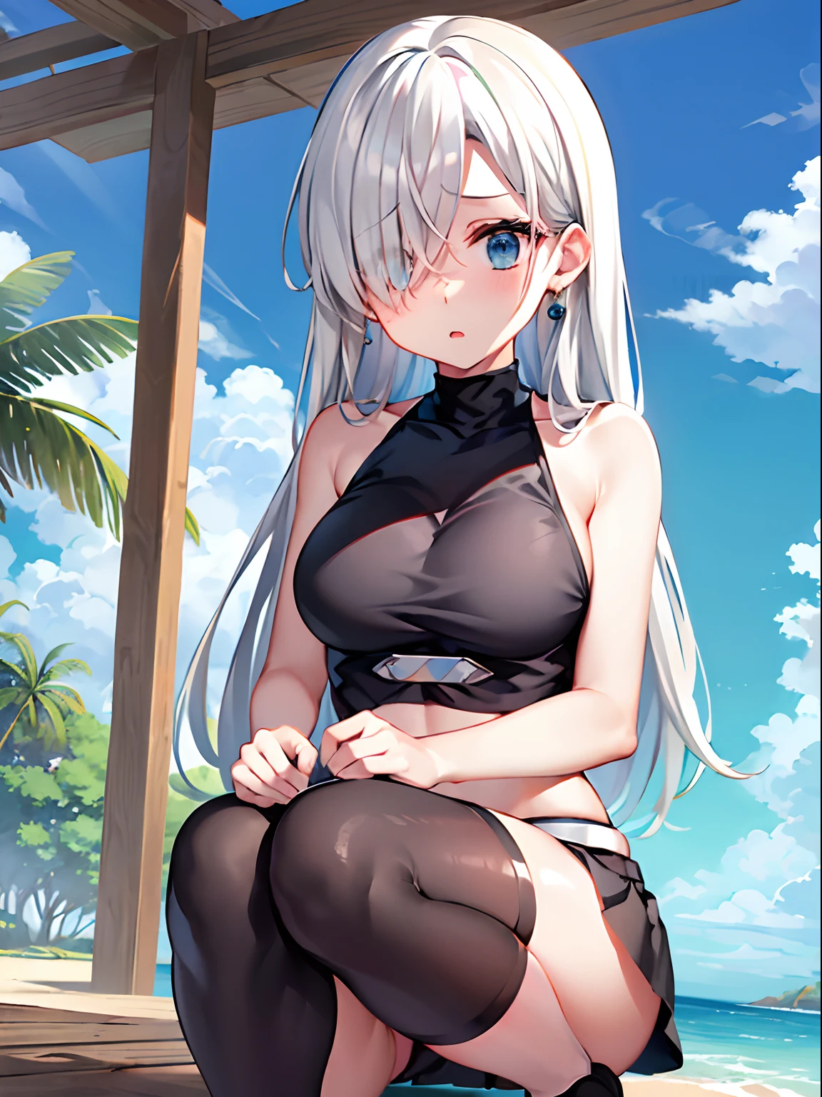 Khmeliza, 1girl in, Hair above one eye、White hair、Jewelry, single thighhigh, Midriff, Black skirt, Asymmetrical legwear、crouching down、Physical education sitting、The bikini、the beach、blue-sky、suns、​​clouds、Into the cloud、Holding your legs