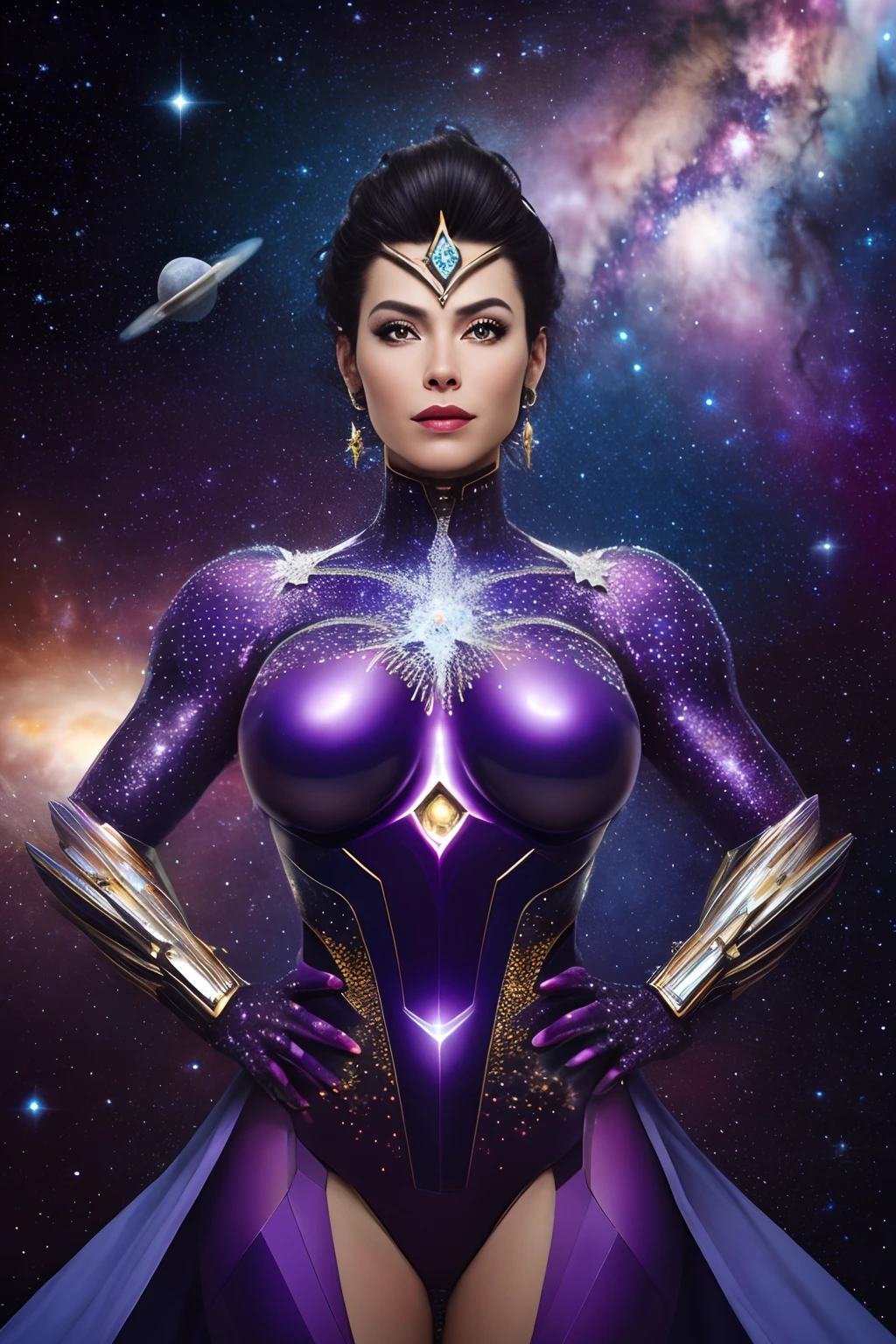 retrato, obra prima, extremamente detalhado, outer space, estrelas, Nebulosas, galaxias, Planetas, uma bela mulher, Super Villain, Gigantic in outer space, corpo lindo, She's the female version of Galactus, com poderes cosmicos, sombria, 8K ultra detalhado, realista