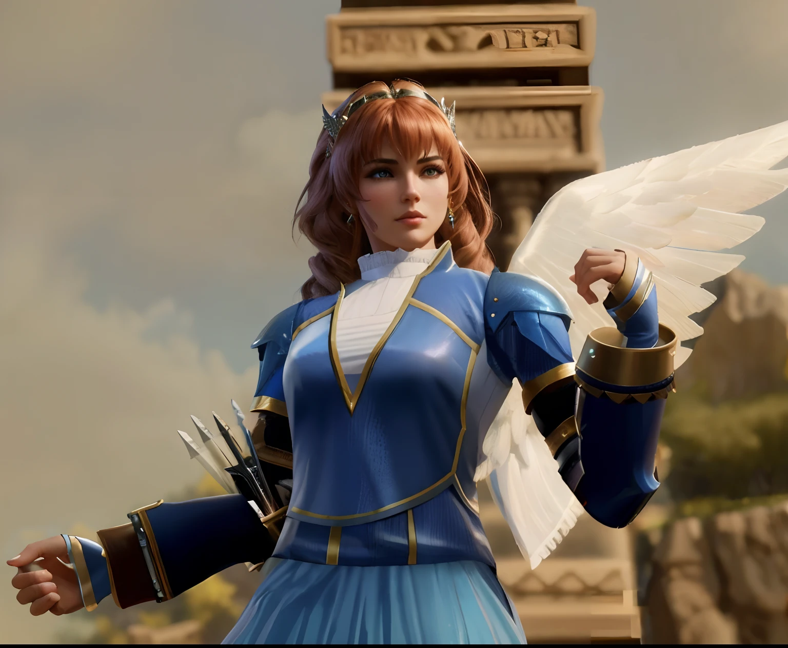 um close up de uma mulher segurando um arco e flecha, unreal motor render saint seiya, personagem de jogo de luta, angel in plastic armor, valkyrie style character, Alma Calibur, as a mystical valkyrie, Detalhes do caractere 8K, do cavaleiro do anjo, Natalie de Epic Battle Fantasy, como personagem em tekken, Armor angle with wing, unreal engine render + uma deusa