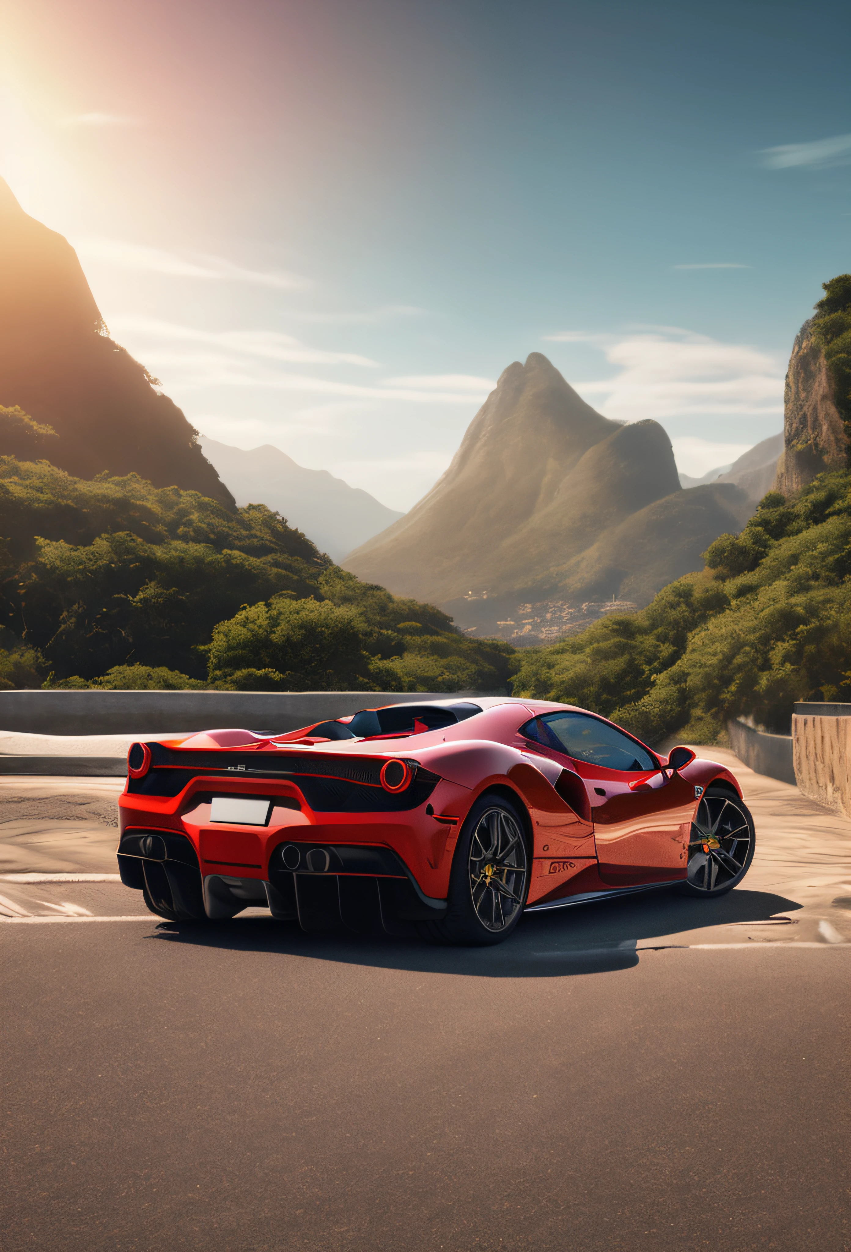 arafed red sports car driving on a road with mountains in the background, supercar, sportcar, sportscar, sports car, best on adobe stock, automotive photography, by Alexander Robertson, vehicle photography, rendered in lumion pro, sport car, car photography, super car, cinematic morning light, ferrari, super rendered in octane render, inspired by Fabien Charuau