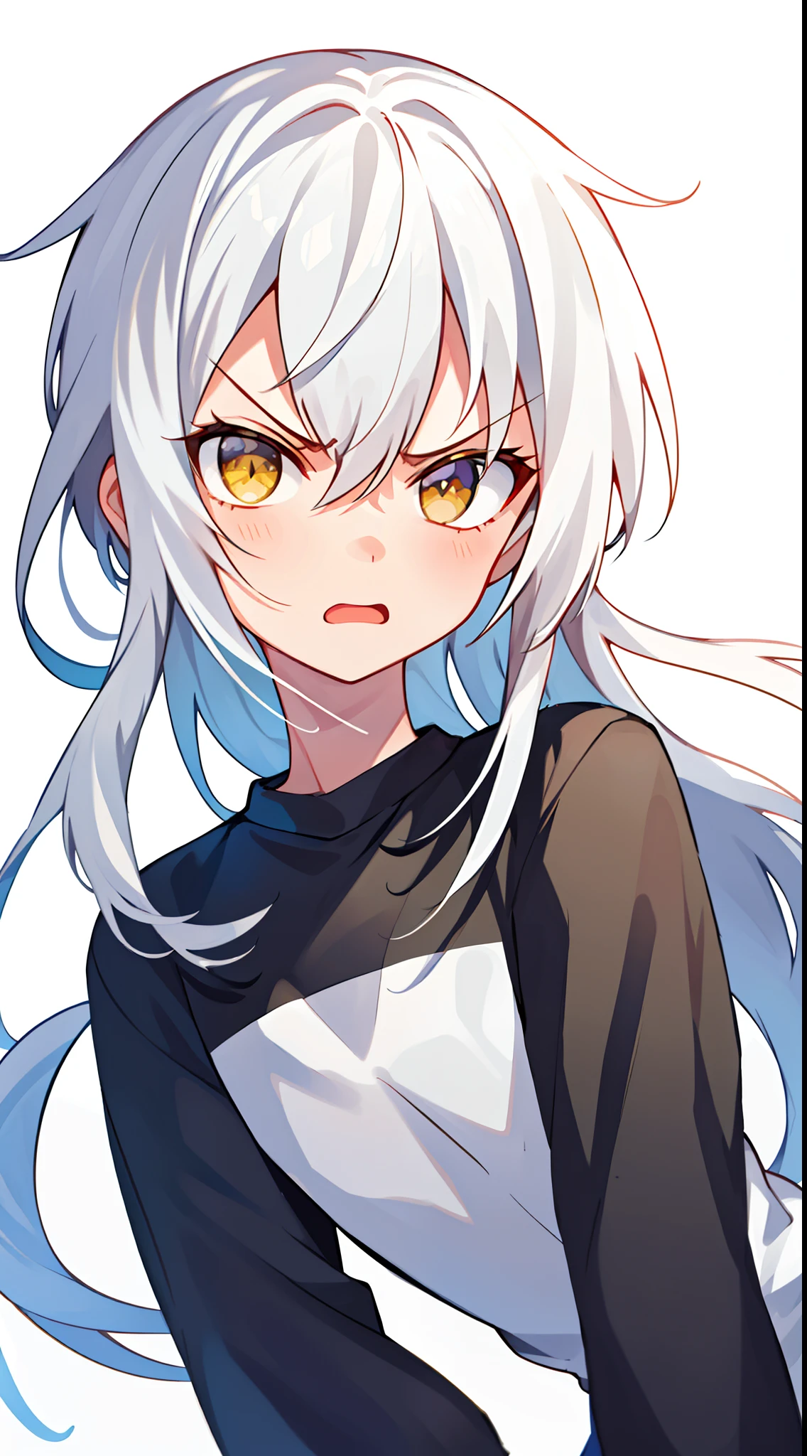 (high-quality, breathtaking),(expressive eyes, perfect face), 1girl, girl, solo, short, young girl, long hair, white hair, yellow eyes, angry, black t-shirt, white background , focus to camera , angry pose