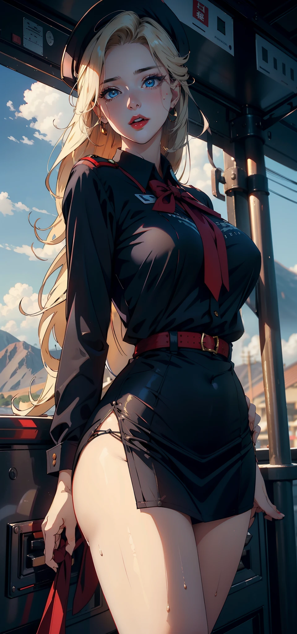 1womanl，33yo，熟妇，Bigchest，Raised sexy，Pornographic exposure， 独奏，Beauty contests，standing on your feet（Background with：aerodrome，snow mountains，Planes，at winter season，Blizzarding，Big snowflakes）Sit in the pilot's position， She has long blonde hair，Long hair flutters in the wind，Redlip，Black girl，dynamicposes，Sweat profusely，drenched all over the body，seen from the front， hair straight， mostly cloudy sky，（（（tmasterpiece），（Very detailed CG unity 8K wallpaper），best qualtiy，cinmatic lighting，detailed back ground，beatiful detailed eyes，Bright pupils，（Very fine and beautiful），（Beautiful and detailed eye description），Blue eyes，Redlip，ultra - detailed，tmasterpiece，）），facing at camera，（The upper part of the body），A high resolution，ultra - detailed），revealing breasts，Bare genitalia，  Bulge，legs are open，sexyposture，Camel toes，Flushed complexion，Open-mouthed，frontage，stewardess，Sailor's cap（Wearing：Red transparent flight attendant shirt，Large colored bow tie，Sexy black miniskirt，Gold wire embroidery，Black jumpsuits，Bare breasts）