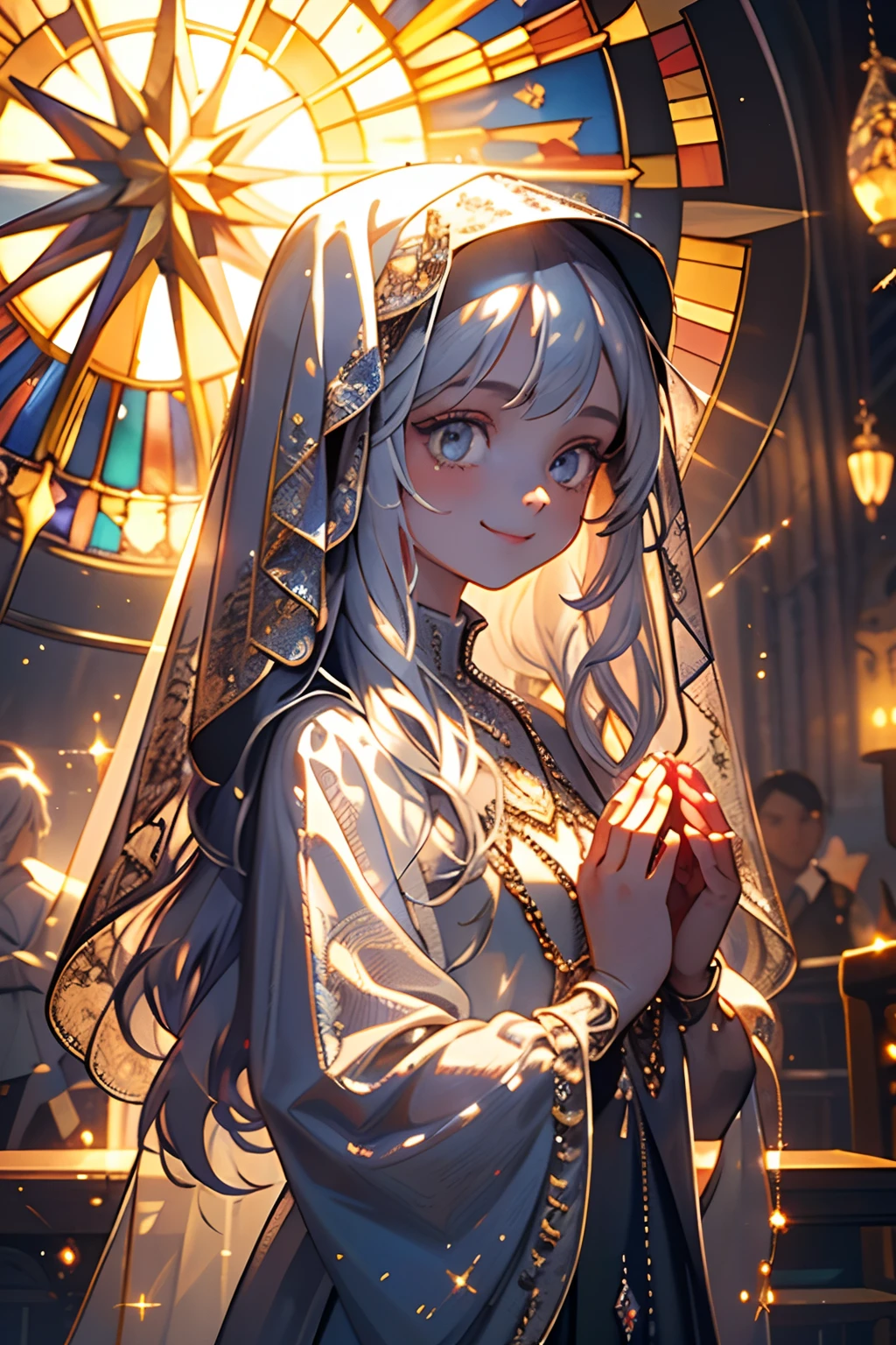 masterpiece, 1 girl, finely detailed, quality, mirrornun, rembrandt lighting, (intricate details), looking at viewer, smile, dramatic, ray tracing, 1girl, silver hair, long curls hair, palms together, own hands together, sparkle, halo, see-through veil, intricate, jewelry, gothic church