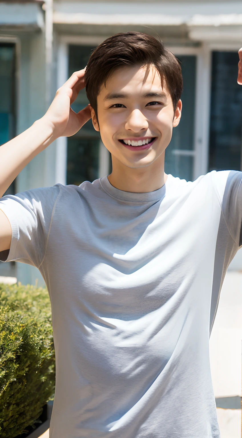 Young Korean man in a white t-shirt and jeans, A handsome, muscular young Asian man looks at the camera. In a simple t-shirt white and red , Fieldside, grass, beach, sunlight, Carrying a camera, smiling