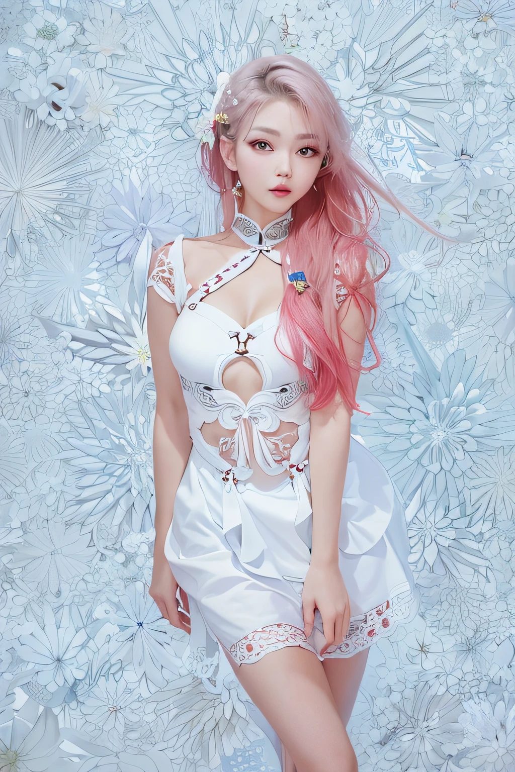 Girl in white dress poses for a photo, wearing white clothes, full-body xianxia, Dressed in white, Choi Hyun-hwa, dressed in a beautiful white, White body, Korean girl, jia, wearing white straitjacket, Gorgeous young Korean woman, a beautiful woman in white aodai, photo of slim girl model, shaxi，Blue Planet