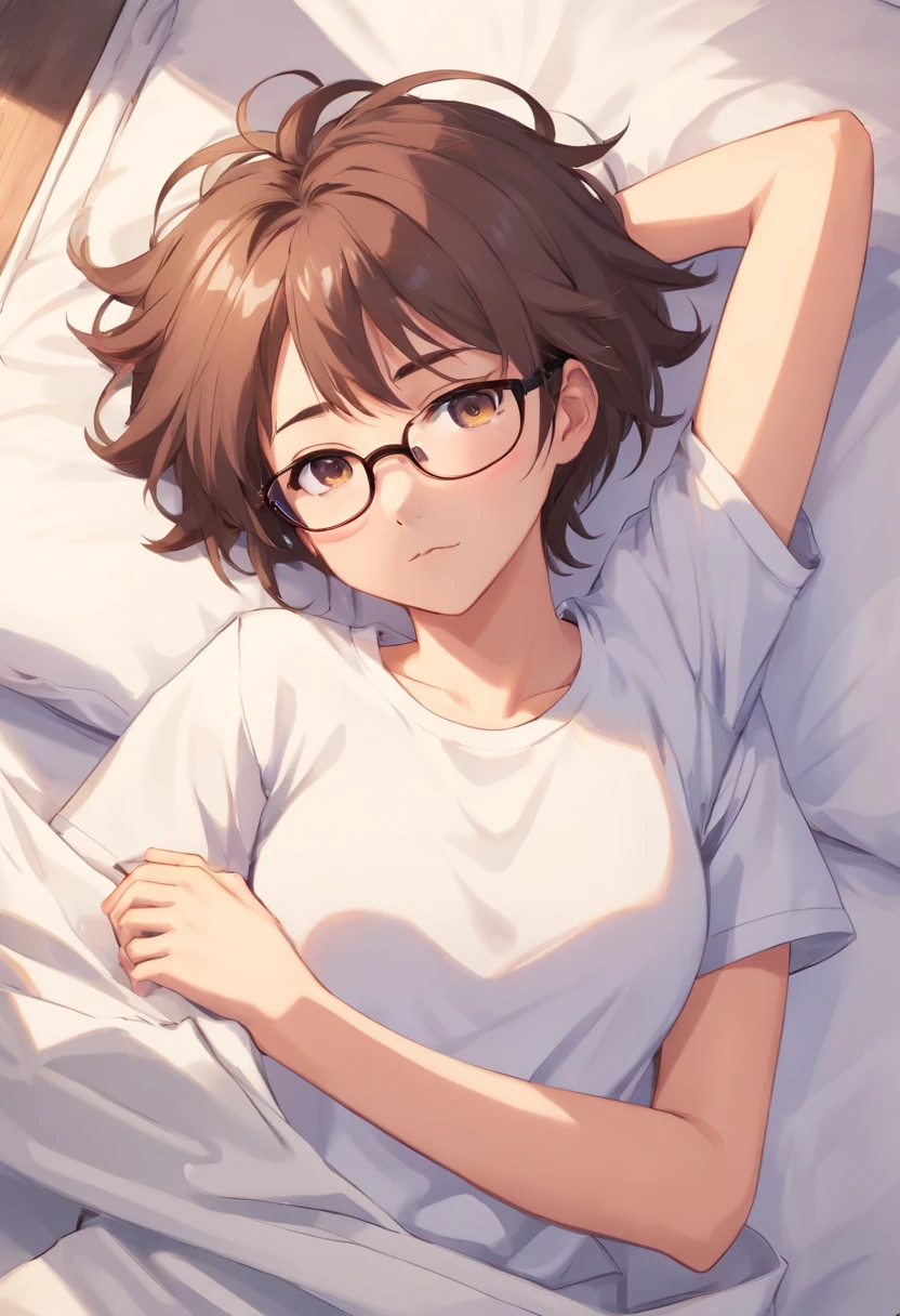 Polish origin,poles(Hairy messy hairstyle)(Men's hairstyles)large breasts,bare skin, underboob, sensual look,((Tomboyish)),No light or shadow,laying on her back on a bed, sleep, ((overhead view)), arms by sides,No saturation,low-contrast,with a pure white background,round frame glasses(((Plain white unpatterned T-shirt))),ar old((Messy hairstyle))athletic shorts