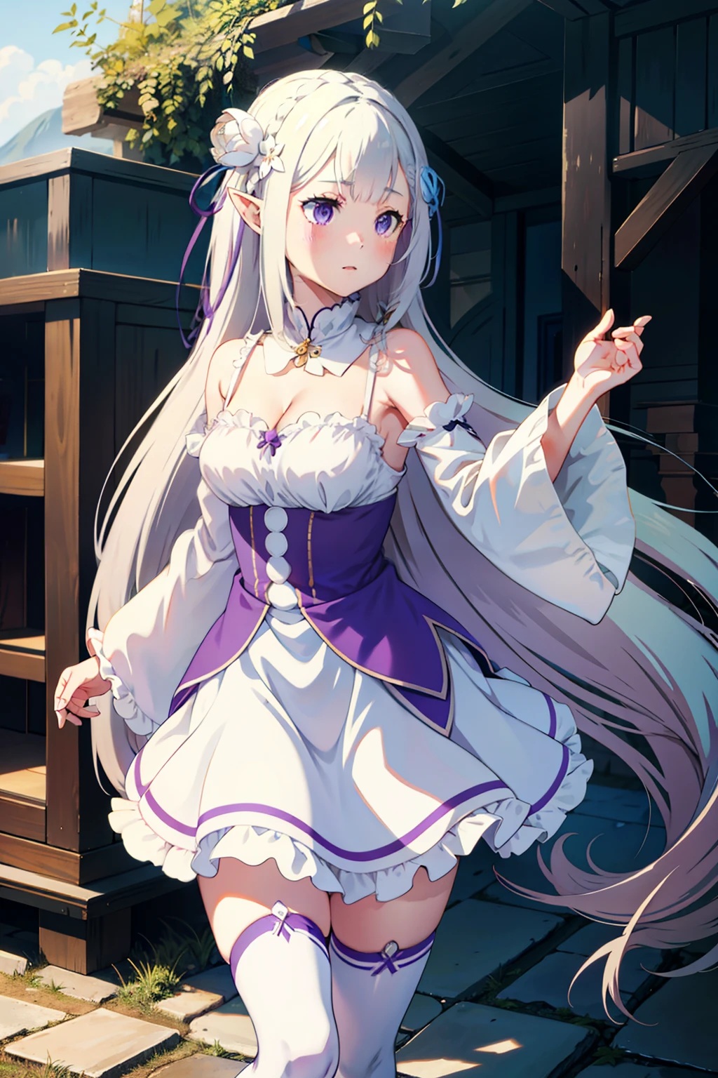 1girl, solo, Emilia, emilia_\(re:zero\), long hair, silver hair, blunt bangs, braid, hair ornament, hair flower, hair ribbon, purple ribbon, purple eyes, blush, low-tied long hair, elf, dress, bare shoulders, detached sleeves, wide sleeves, cleavage, pleated skirt, thighhights, white legwear, white shoes, outdoors, (masterpiece:1.2), highres, best quality, 8k, very clear,