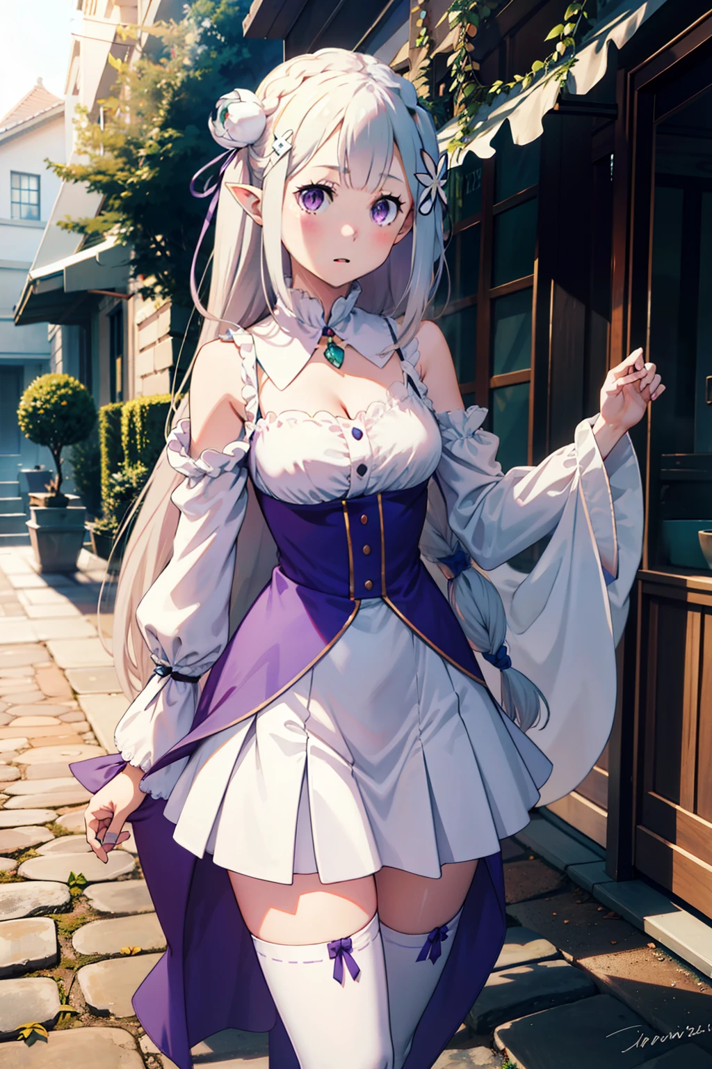 1girl, solo, Emilia, emilia_\(re:zero\), long hair, silver hair, blunt bangs, braid, hair ornament, hair flower, hair ribbon, purple ribbon, purple eyes, blush, low-tied long hair, elf, dress, bare shoulders, detached sleeves, wide sleeves, cleavage, pleated skirt, thighhights, white legwear, white shoes, outdoors, (masterpiece:1.2), highres, best quality, 8k, very clear,