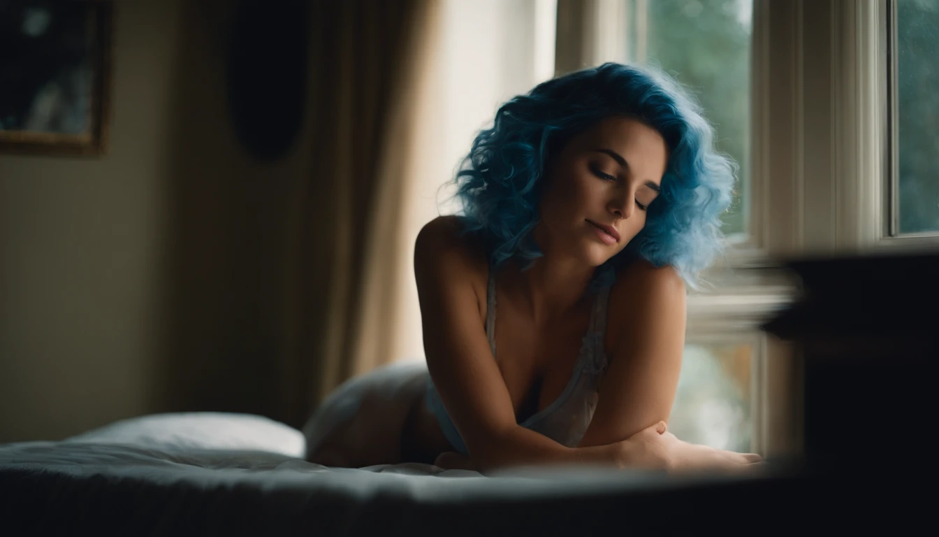 Masterpiece, High definition, Movie Still, 1Girl, Turn off the lights, natta,(sparks: 0.7), Beautiful Woman, ((24yo)), the moon, moonlit glow, natta, Sleeping, ((Sleeping)), bed, window, Lying Down, Whole body, eyes closed, Underwear outfits, Blue hair