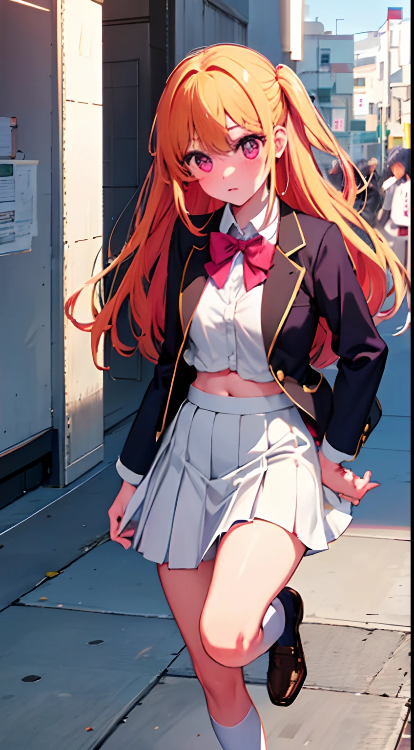 Masterpiece to the smallest detail, top quality, 1 girl, bangs, red hair, close-up, closed_mouth, smile, blush, shy, blue hat, hat, bow, pink bow tie, school uniform, blue jacket, jacket, skirt, gray skirt, 1 girl, solo, shirt, white shirt, foot, black socks, sitting, classroom, hair_ornament, looking_at_ viewer, beautiful detailed eyes, red eyes, panty, lifting skirt, professional effects,