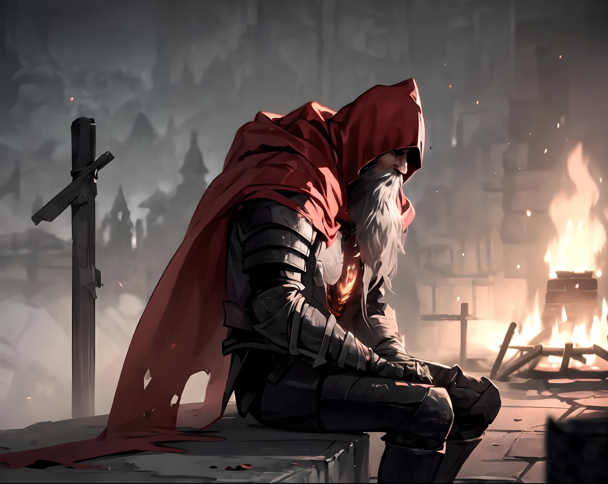 arafed image of a man in a red cape sitting on a bench, red hooded mage, dressed in a beautiful red cloak, red cloak, elden ring art, silvain sarrailh, medieval fantasy game art, a red cape, darkest dungeon art style, red cloth around his shoulders, thief red riding hood, fallen knight, graphic artist magali villeneuve