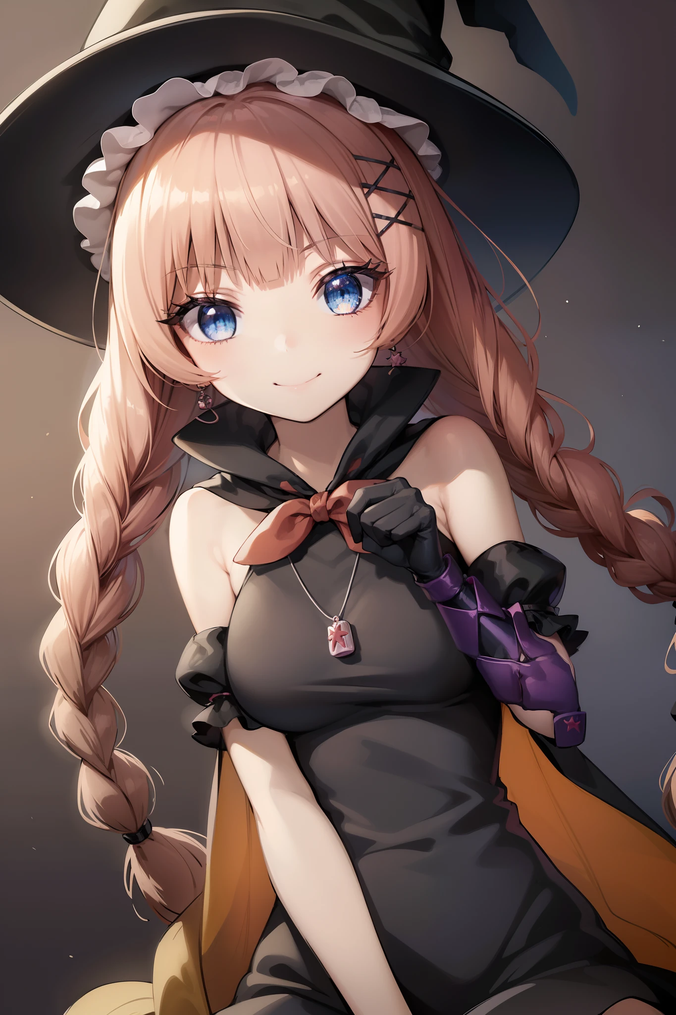 TOPSPD, TWIN BRAIDS, WITCH HAT, NECKLACE, BLACK DRESS, BLACK CAPE, BOW, ELBOW GLOVES, THIGH BOOTS, 1girl, solo, upper body, smile, large breasts, detailed face, detailed eyes, detailed hair, 5 fingers