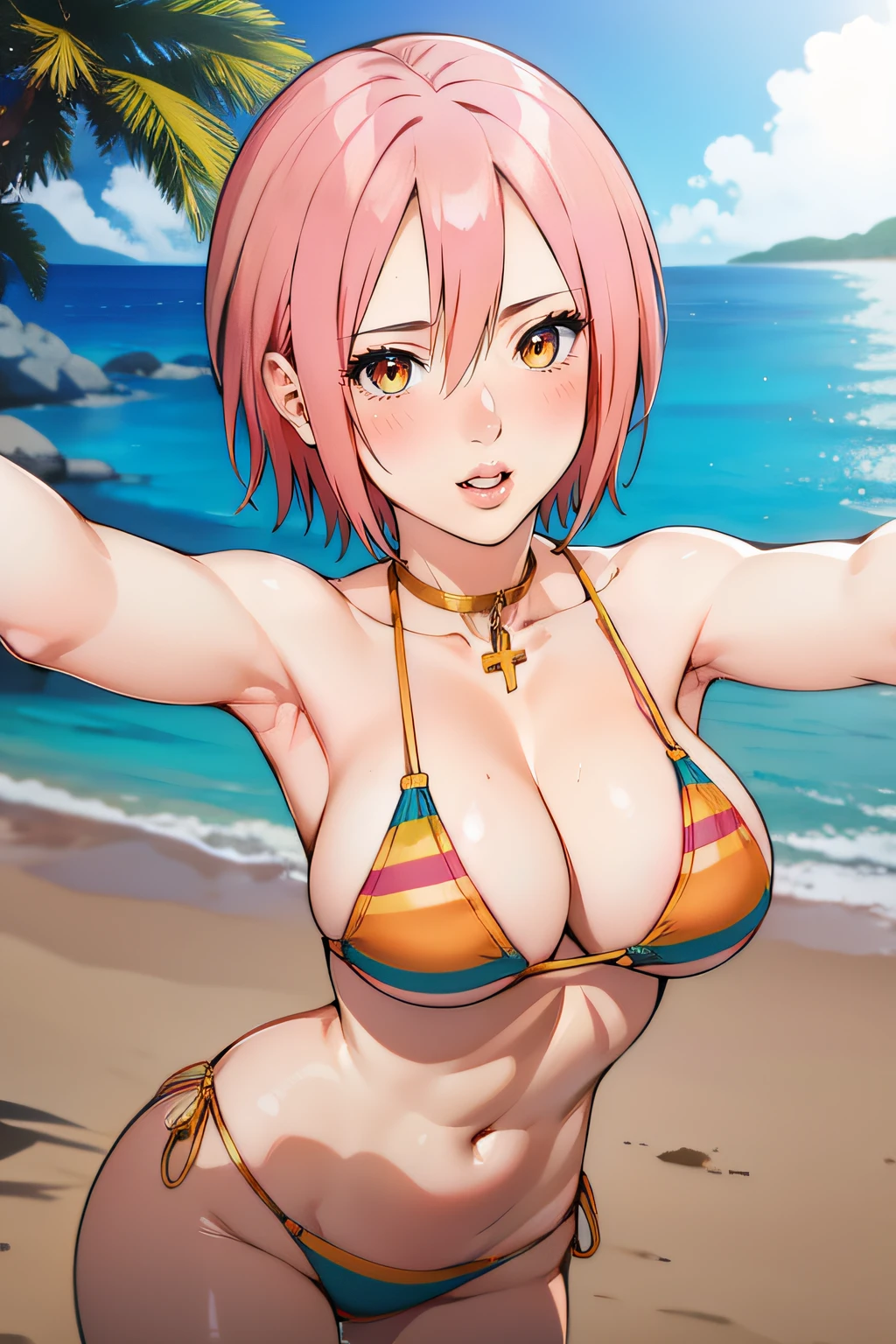 masterpiece, best quality, highly quality ,   Papico-KJ, bikini, beach, cowboy shot , selfie , from above , Hourglass body, small waist, lips, huge breasts, blush